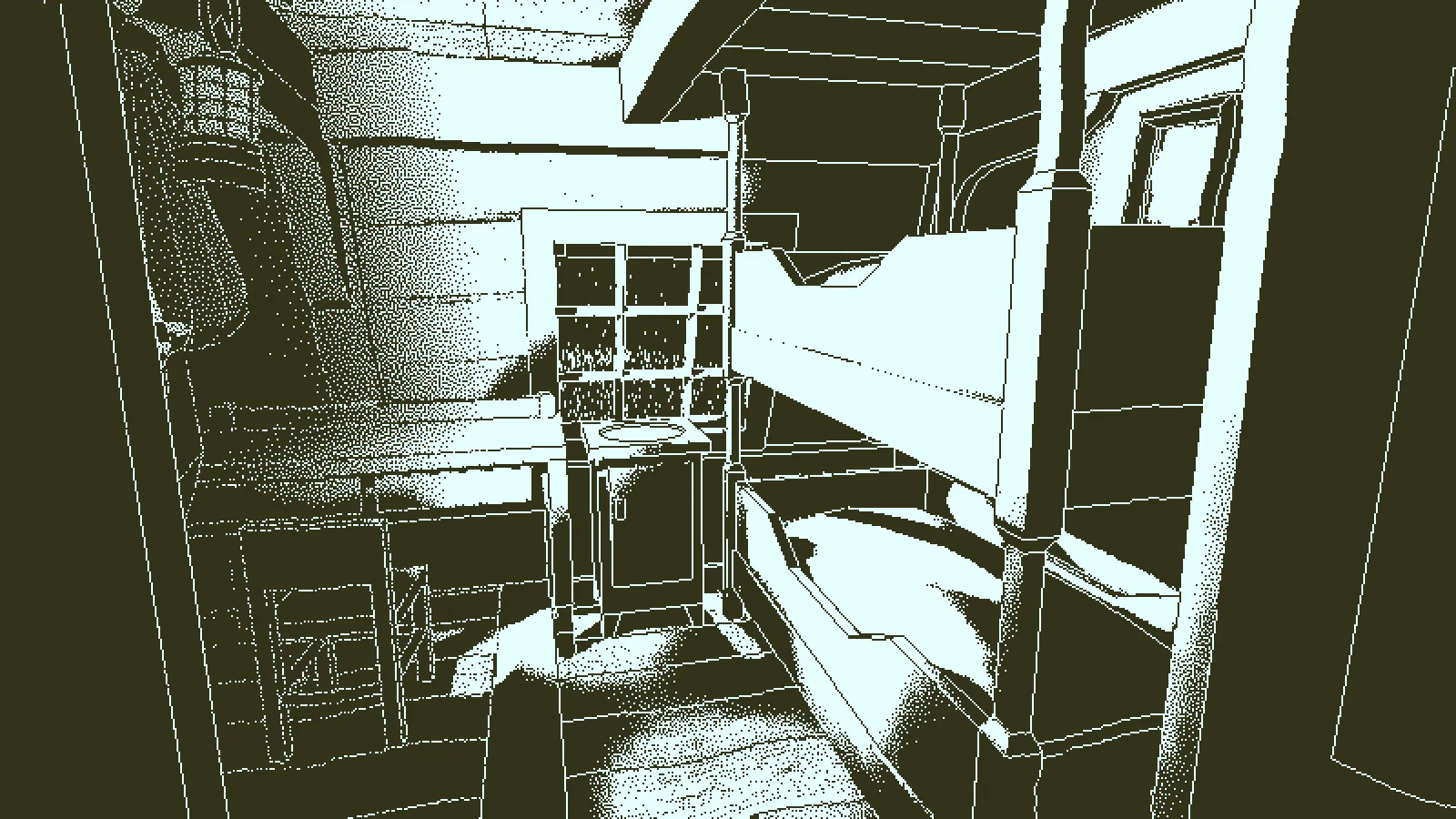 A small ship cabin contains a bunk and shelves visible from the doorway.