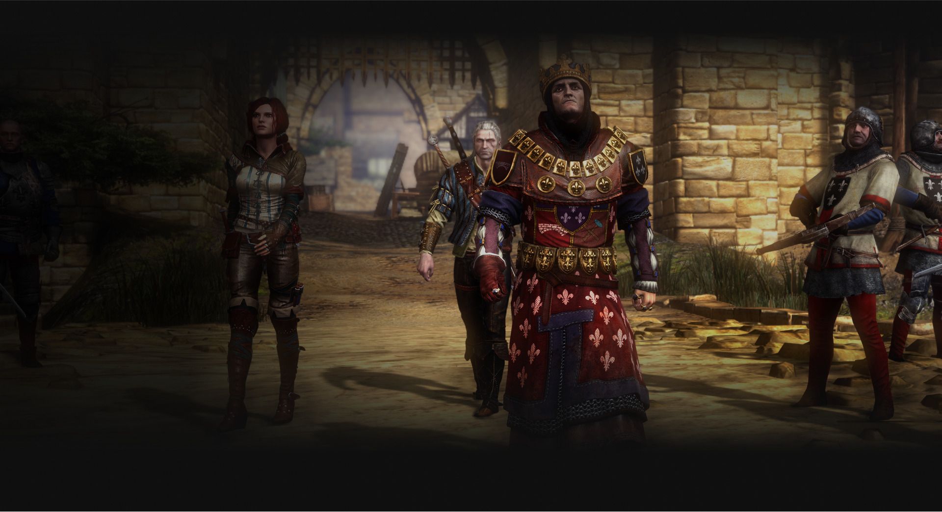 King Foltest stands in ornate red clothing, with Geralt and other court characters nearby.