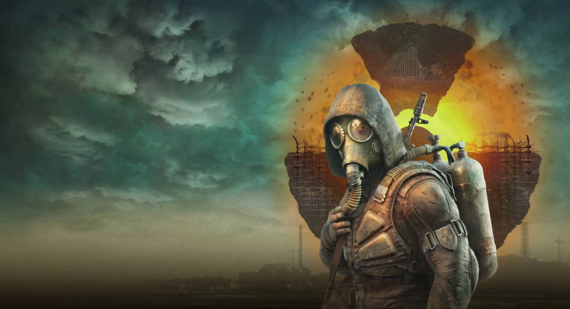 A gas-masked stalker stands before a glowing anomaly and the ruined Chornobyl landscape in official S.T.A.L.K.E.R. 2 key art.
