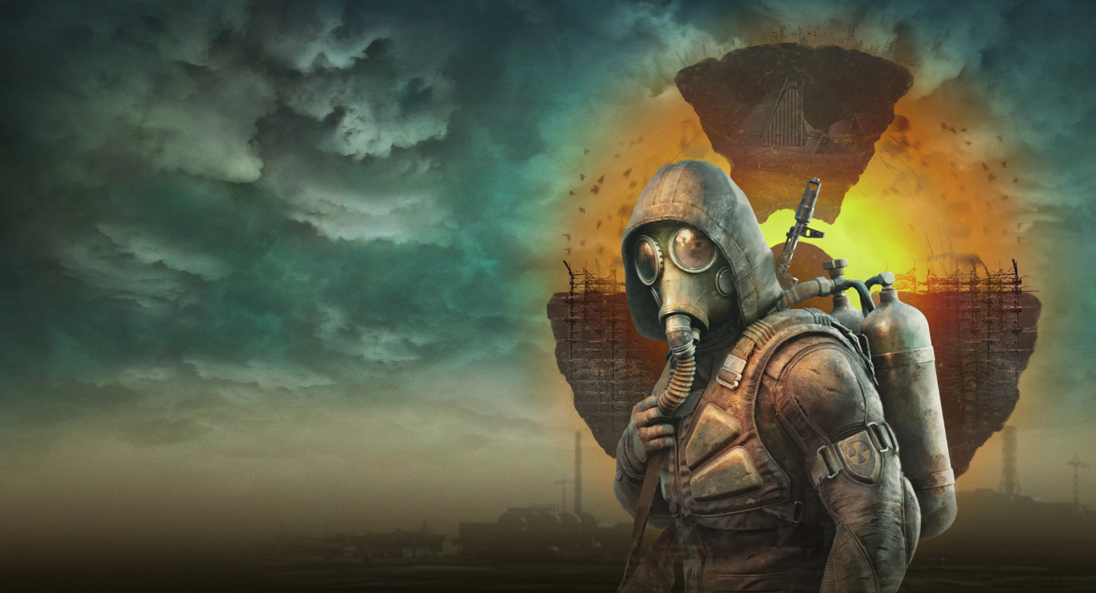 A gas-masked stalker stands before a glowing anomaly and the ruined Chornobyl landscape in official S.T.A.L.K.E.R. 2 key art.