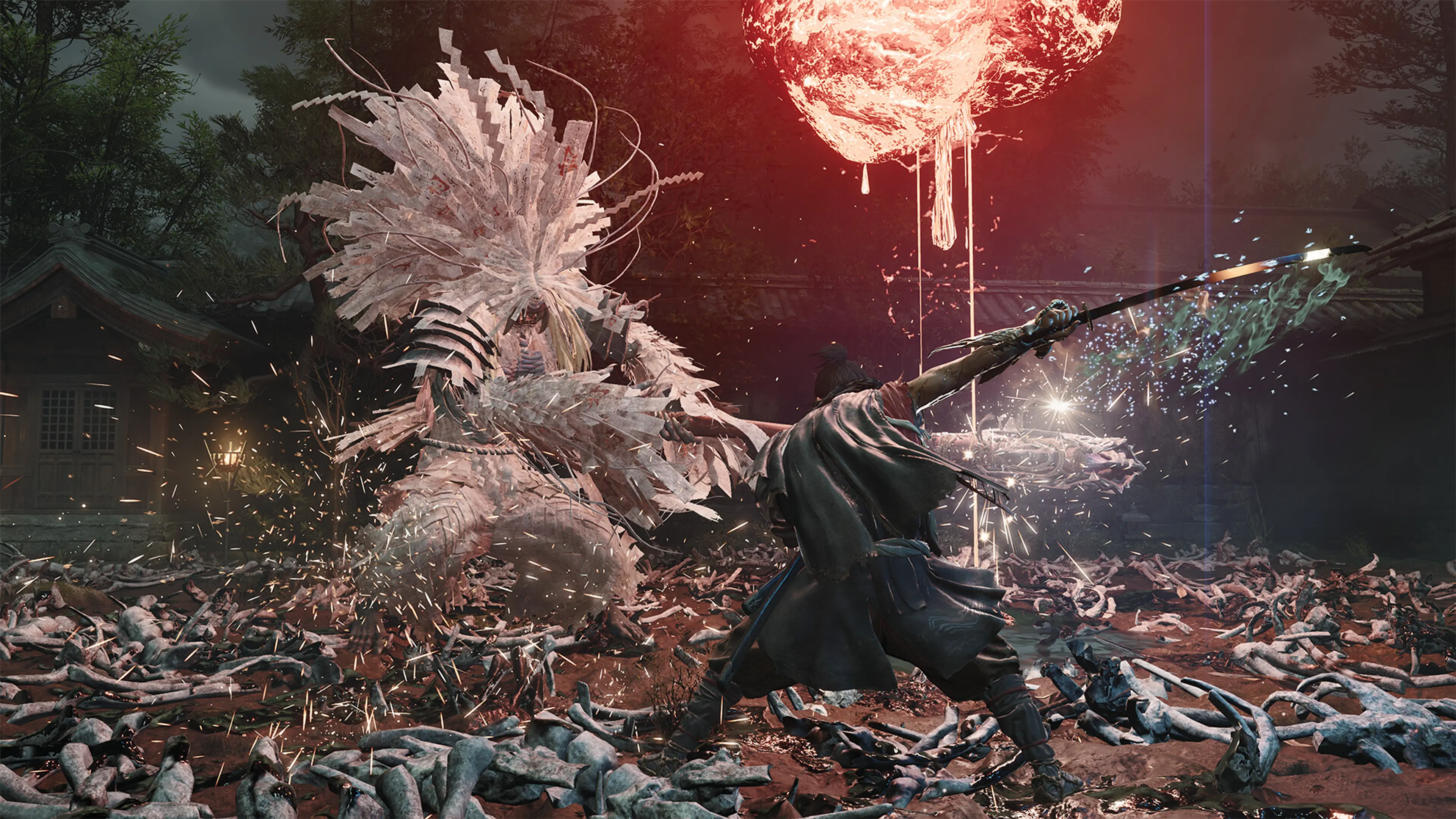 Miyamoto Musashi fights a giant paper-covered Genma in Onimusha: Way of the Sword.