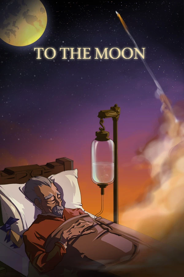Official To the Moon Steam portrait cover, with the native title, a moon, a shooting star and Johnny lying in bed beside an IV bag.