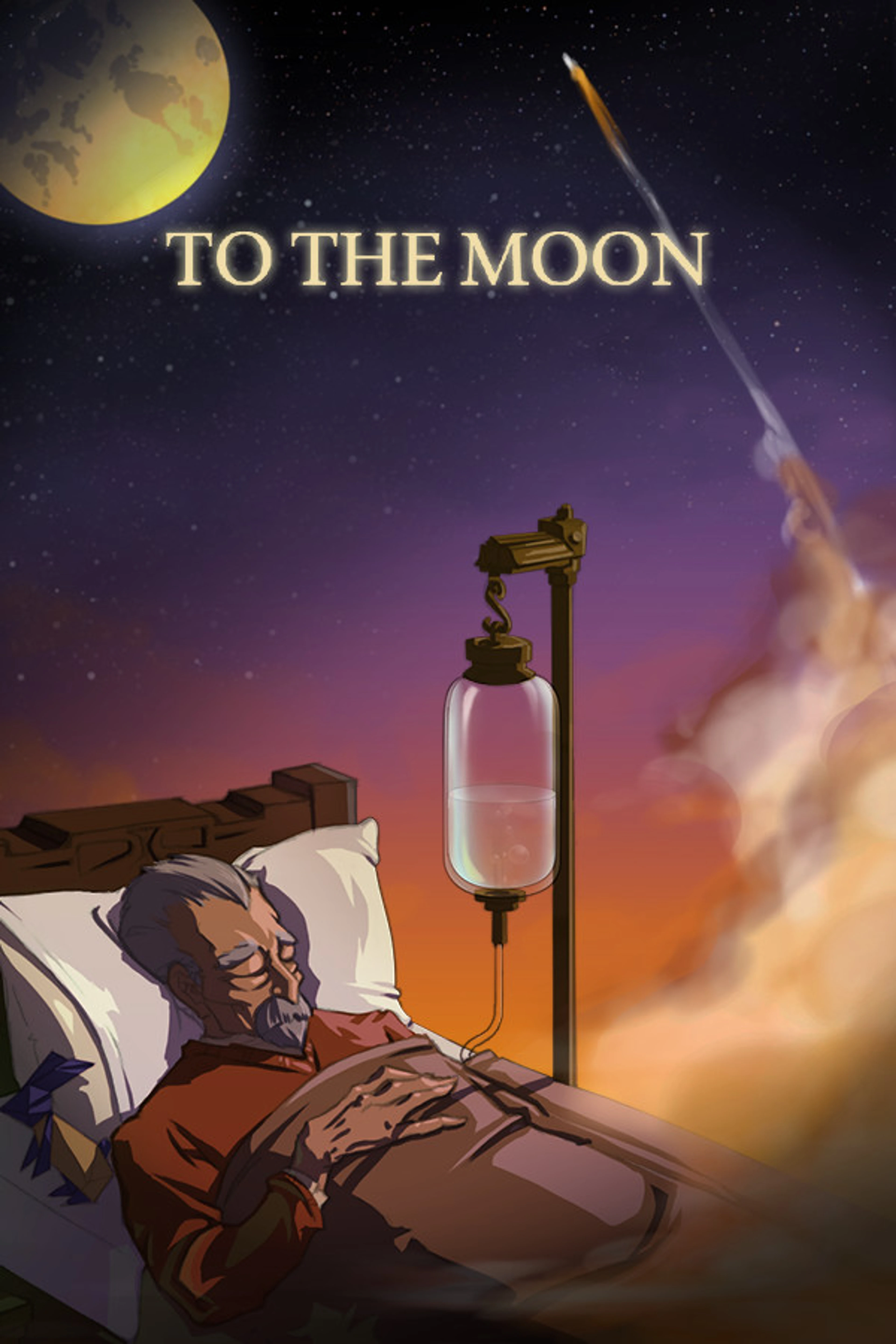 Official To the Moon Steam portrait cover, with the native title, a moon, a shooting star and Johnny lying in bed beside an IV bag.