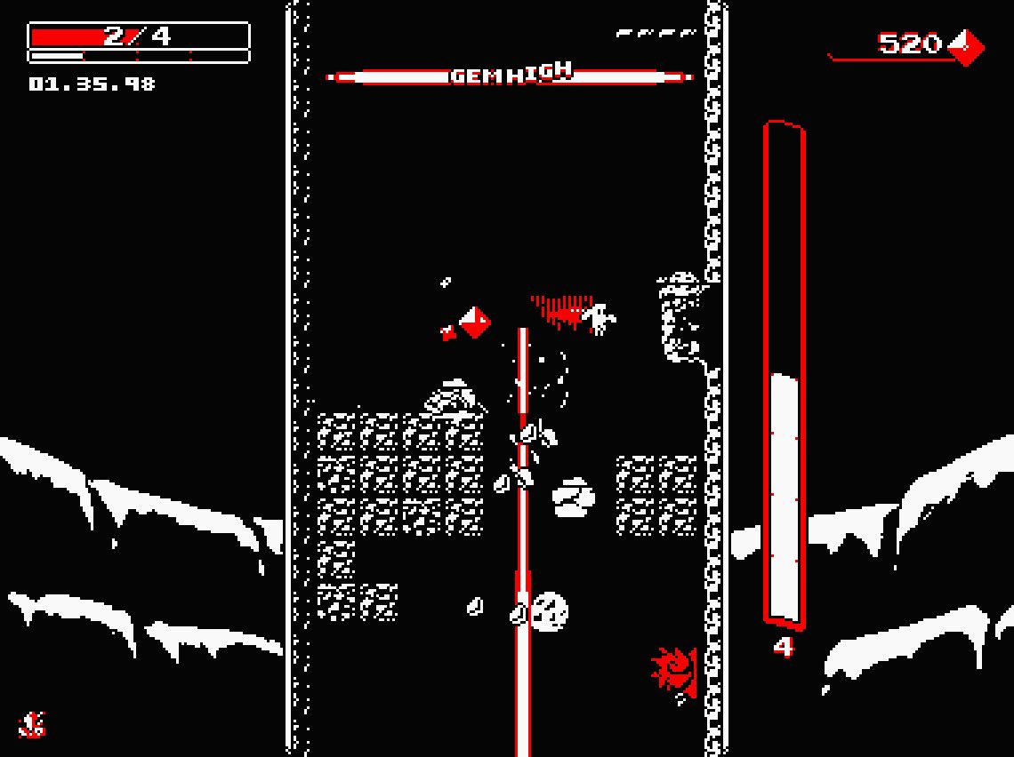 The character fires a long red line downward past ledges and enemies.