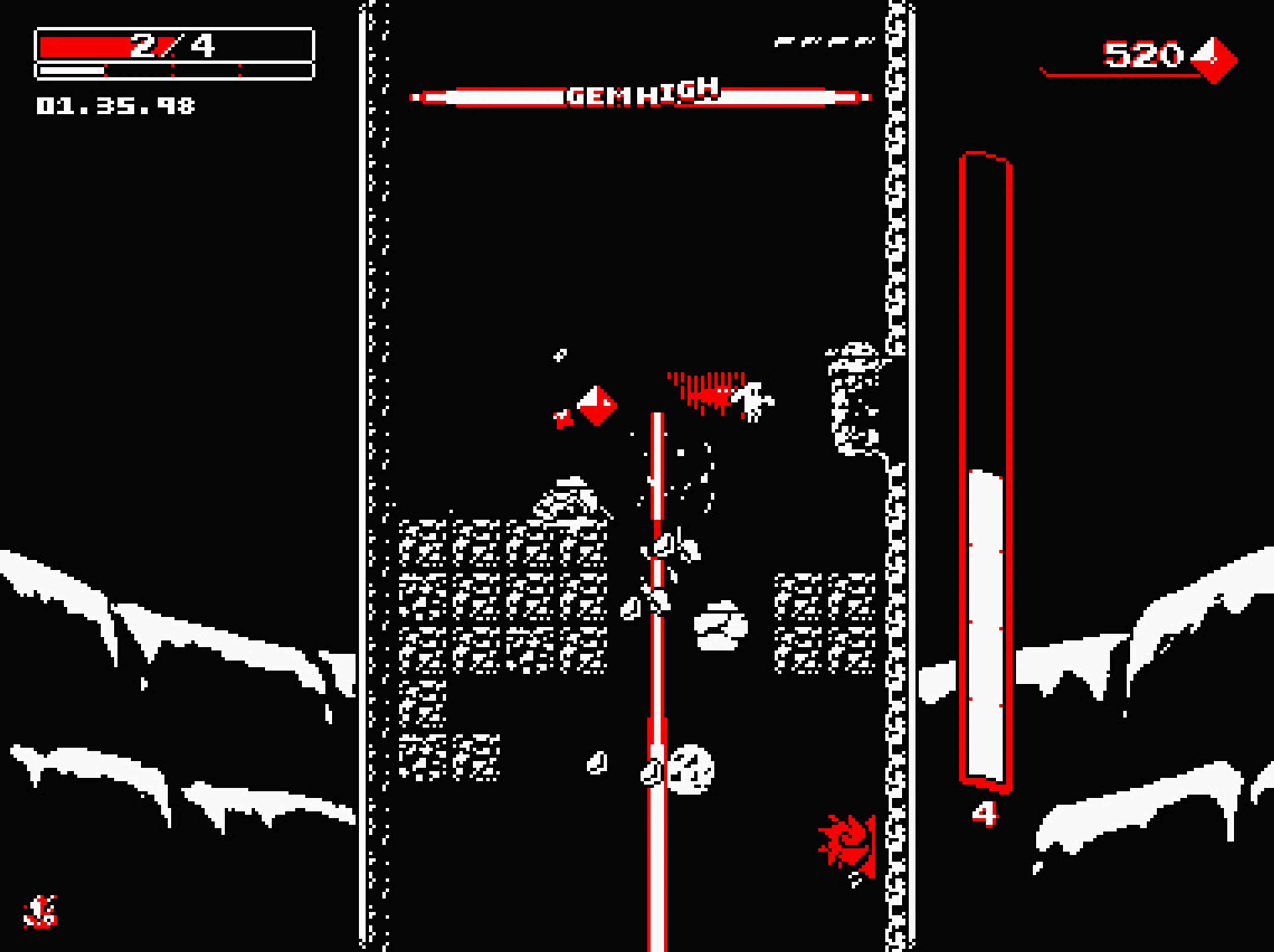 Downwell screenshot: a narrow red Gunboots shot runs downward through the central shaft; the charge bar is visible at the far right.