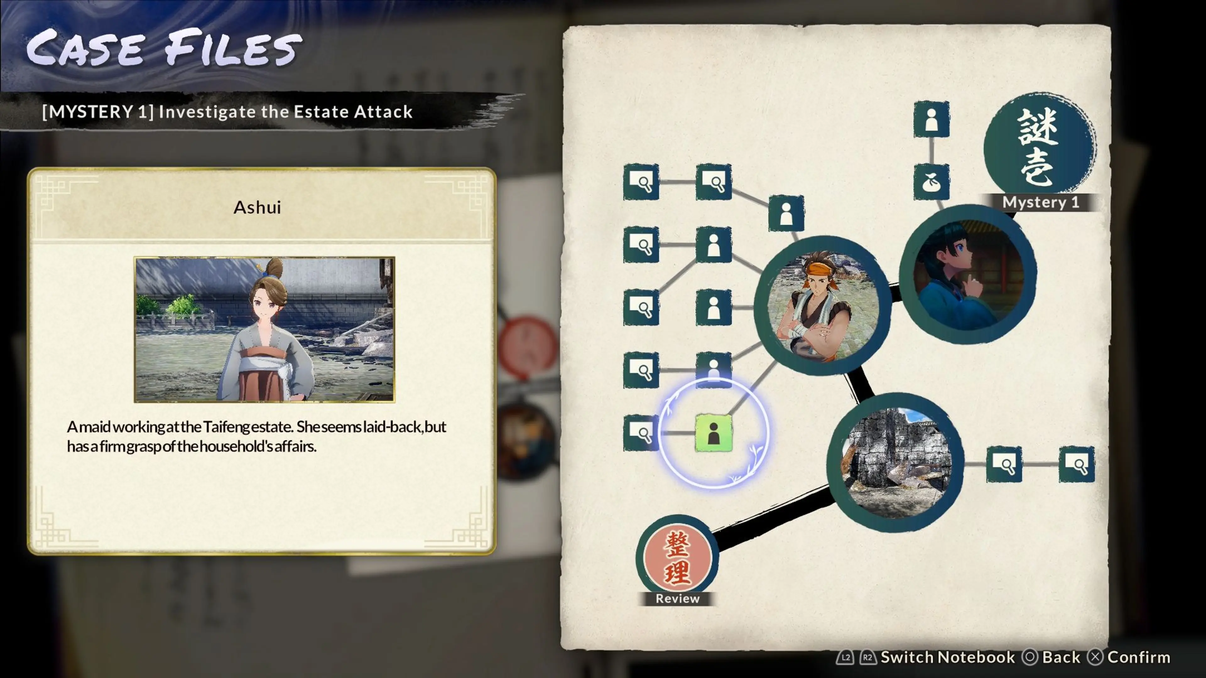 A case-files board connects testimony and evidence in The Apothecary Diaries: The False Imperial Brother.