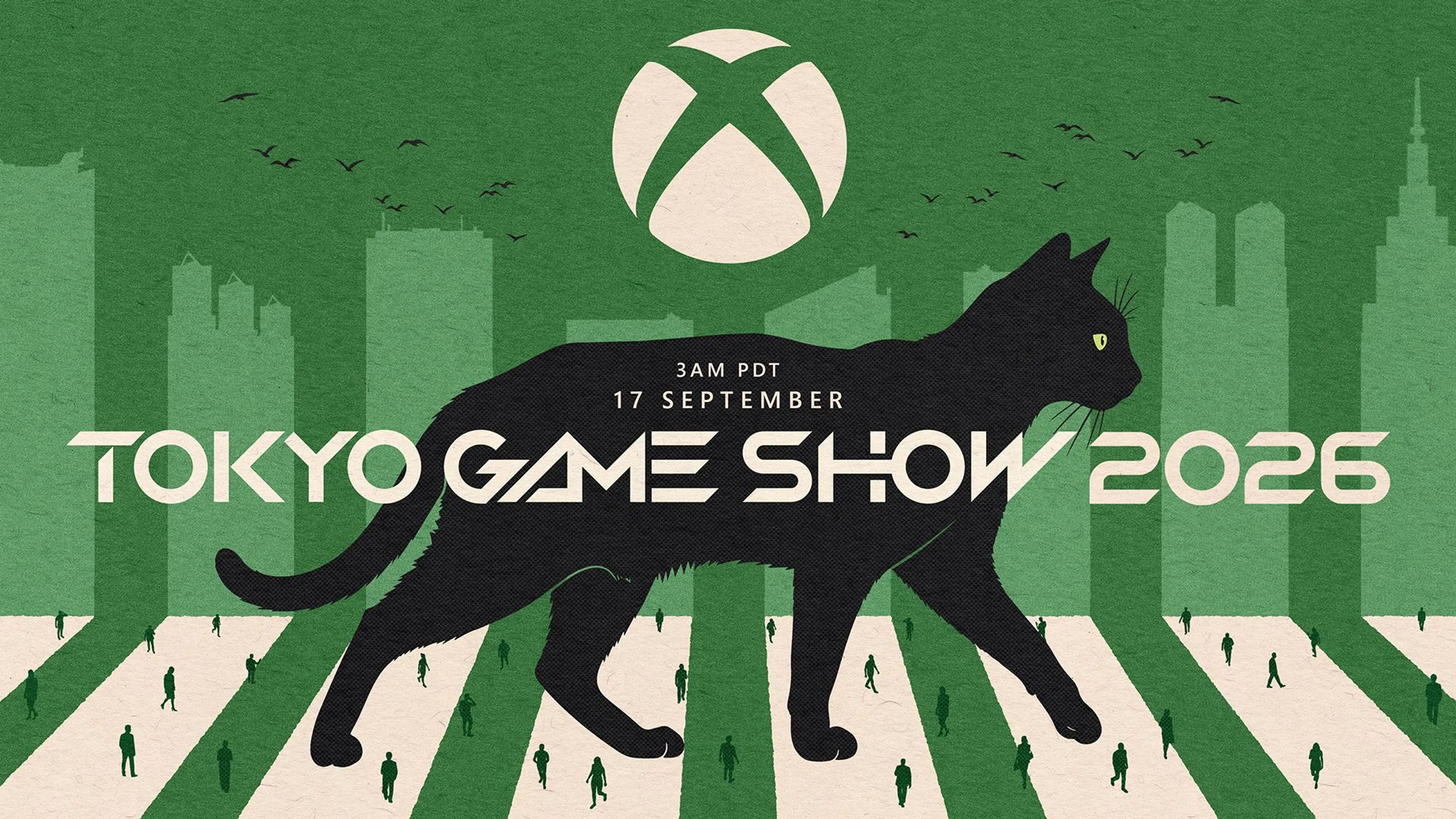A black cat crosses a stylized Tokyo street beneath the Xbox logo and Tokyo Game Show 2026 title.