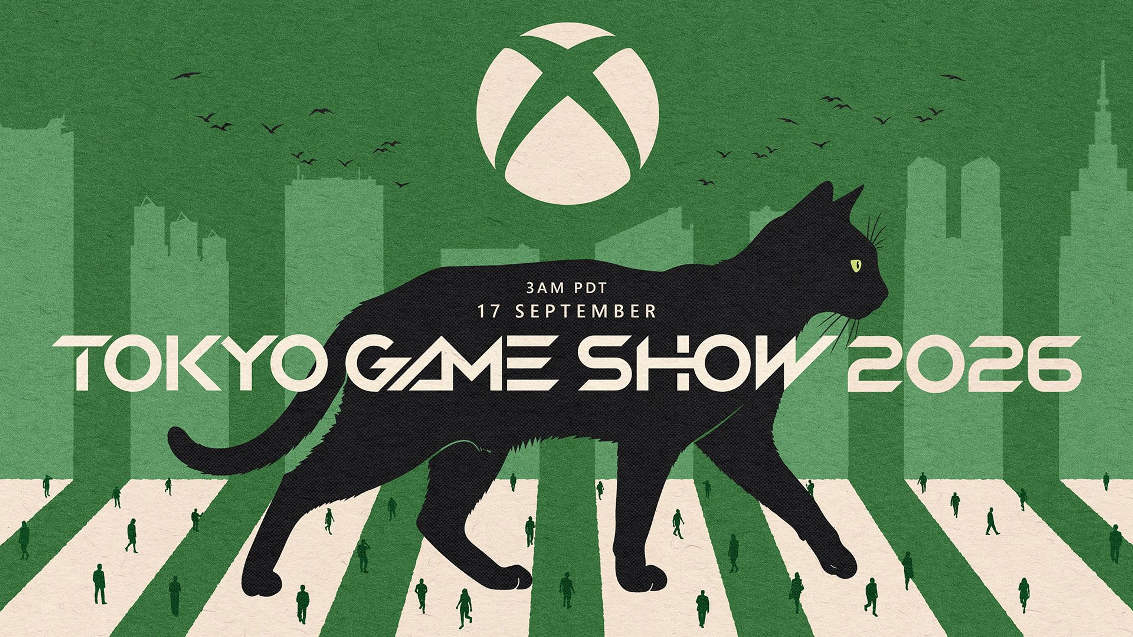 A black cat crosses a stylized Tokyo street beneath the Xbox logo and Tokyo Game Show 2026 title.