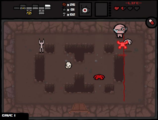 Isaac beside pits in a Cave 1 room with a red beam crossing the floor.