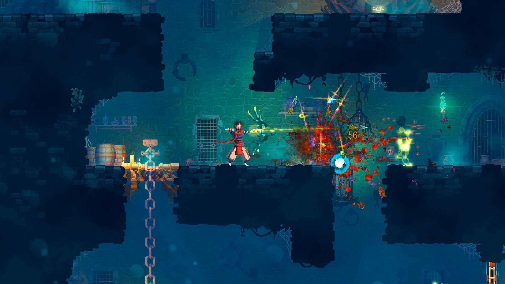 A bright weapon effect strikes a group of enemies in a blue stone corridor.
