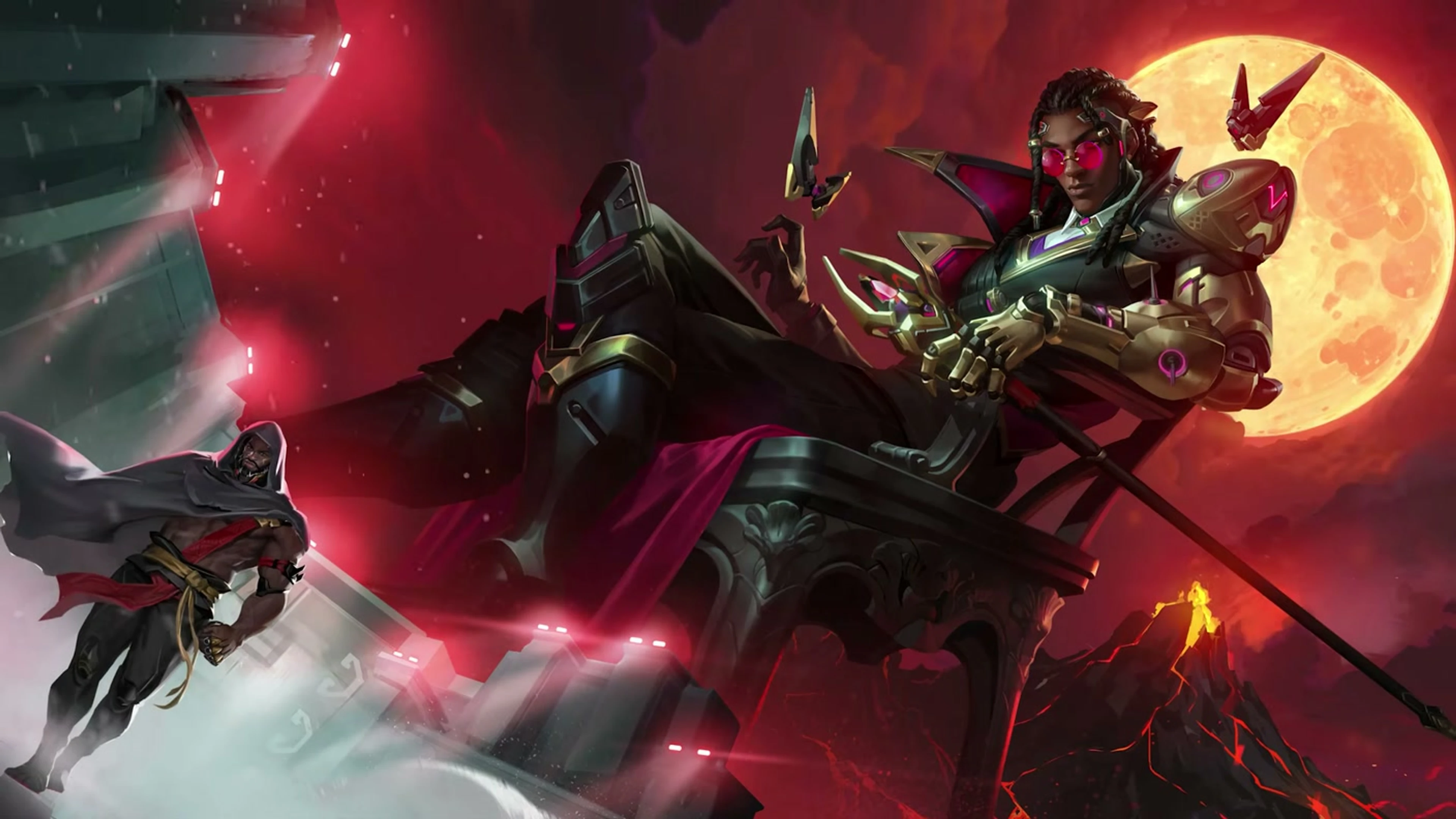 Doctrine sits before a full moon with a scepter and bat-like drones around him.