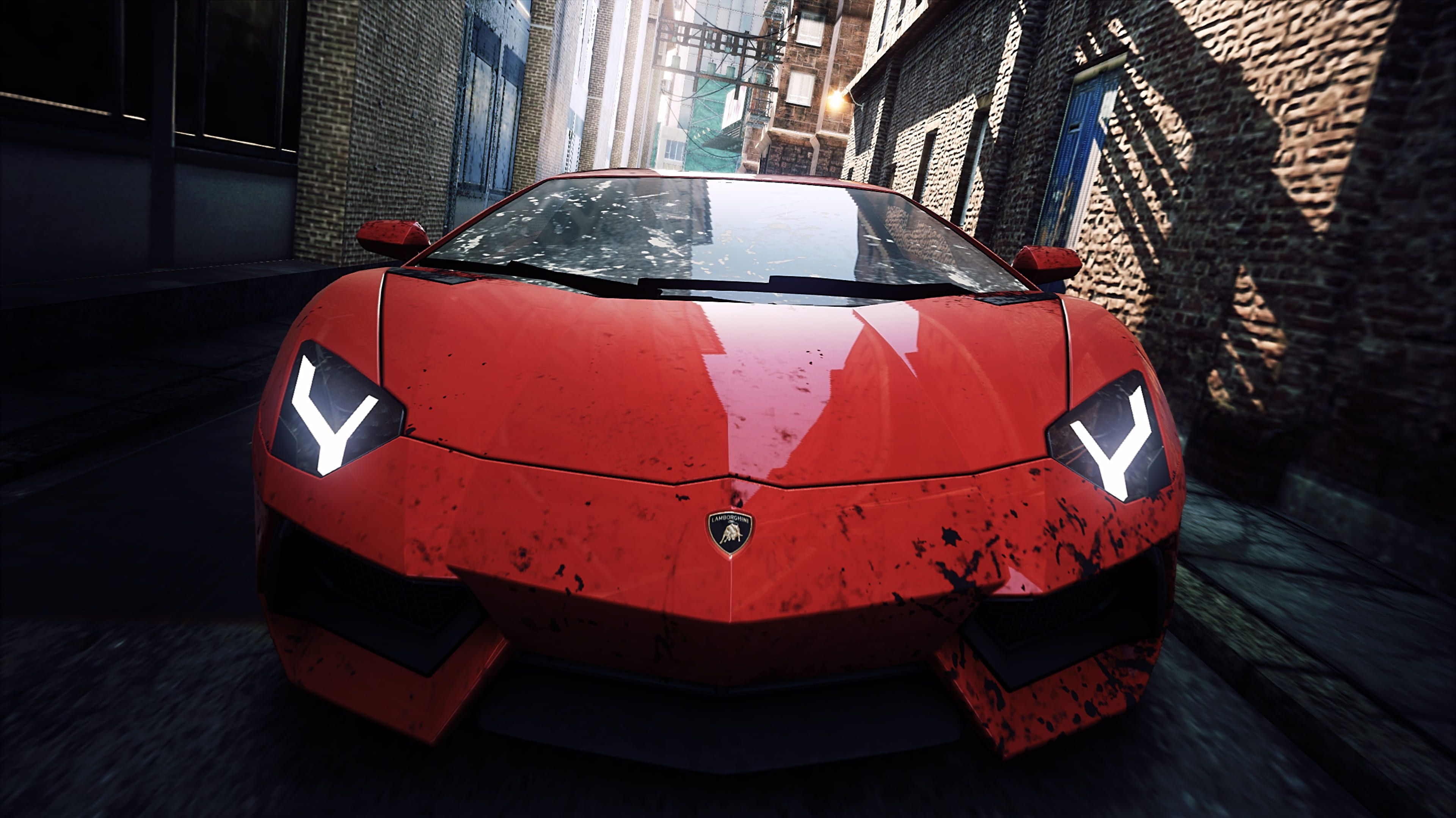 Red Lamborghini fills a narrow city street in the 2012 Need for Speed: Most Wanted.