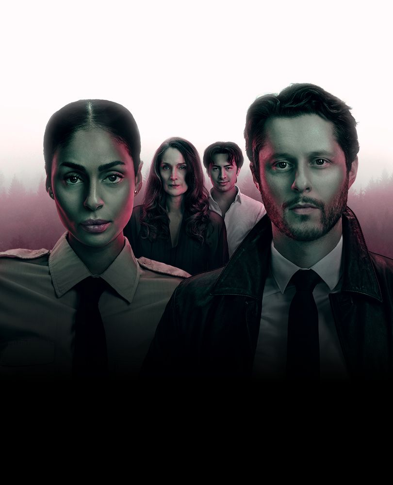 Official YAGA portrait artwork showing Carrie-Anne Moss, Noah Reid, Clark Backo and Hudson Williams.