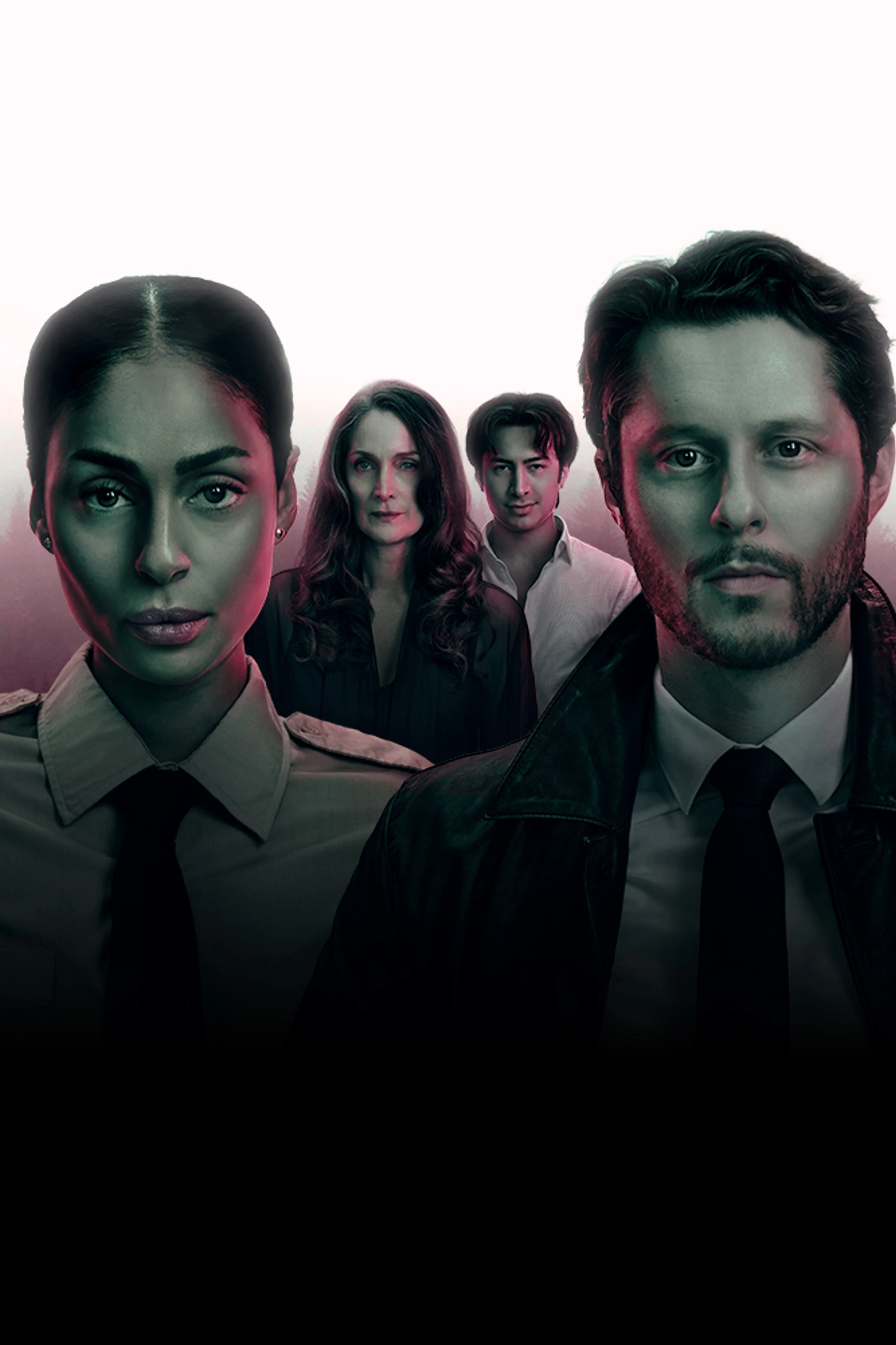 Official YAGA portrait artwork showing Carrie-Anne Moss, Noah Reid, Clark Backo and Hudson Williams.