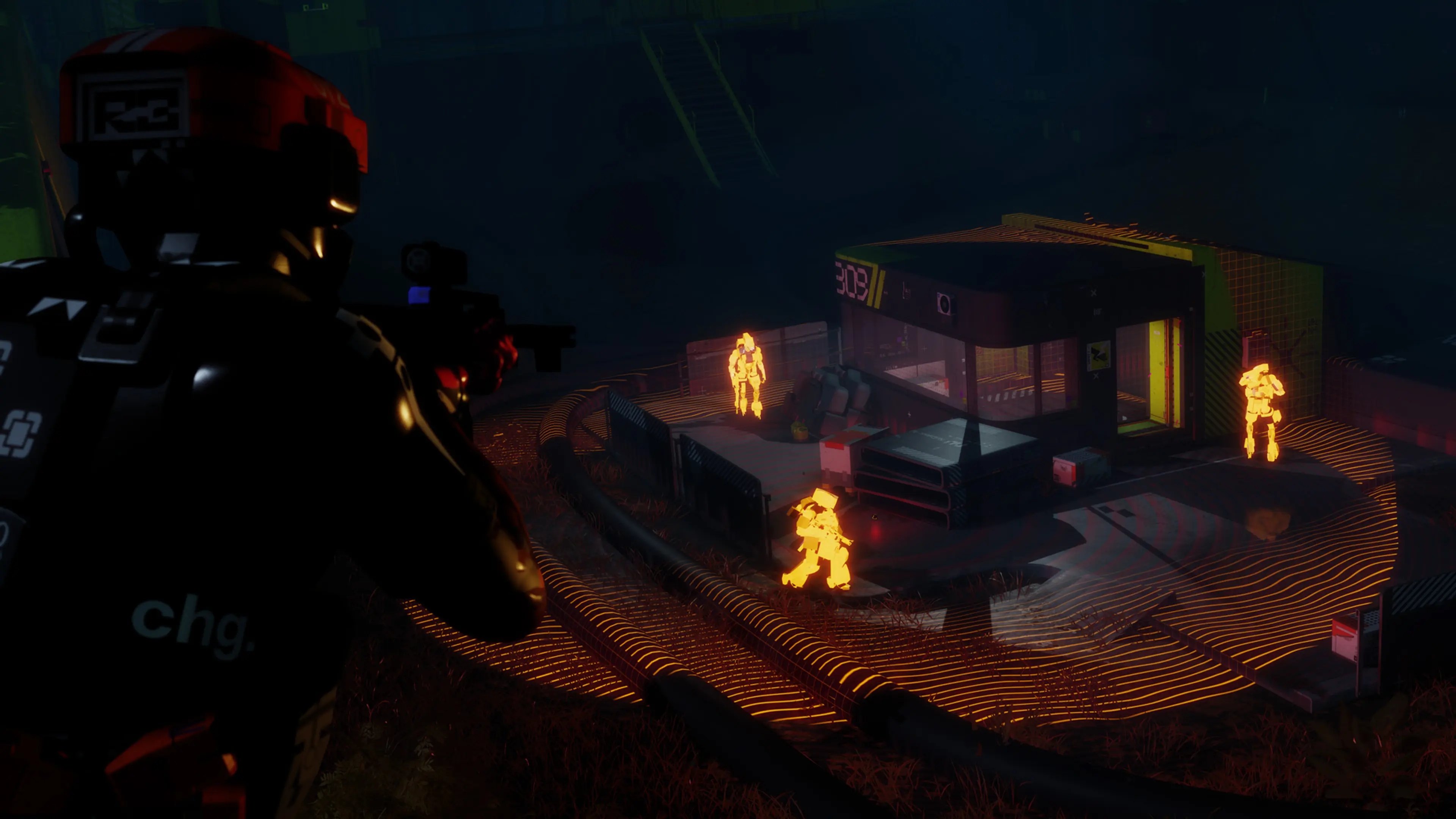 A Marathon Runner scans a Night Marsh outpost where several combatants glow in the darkness.