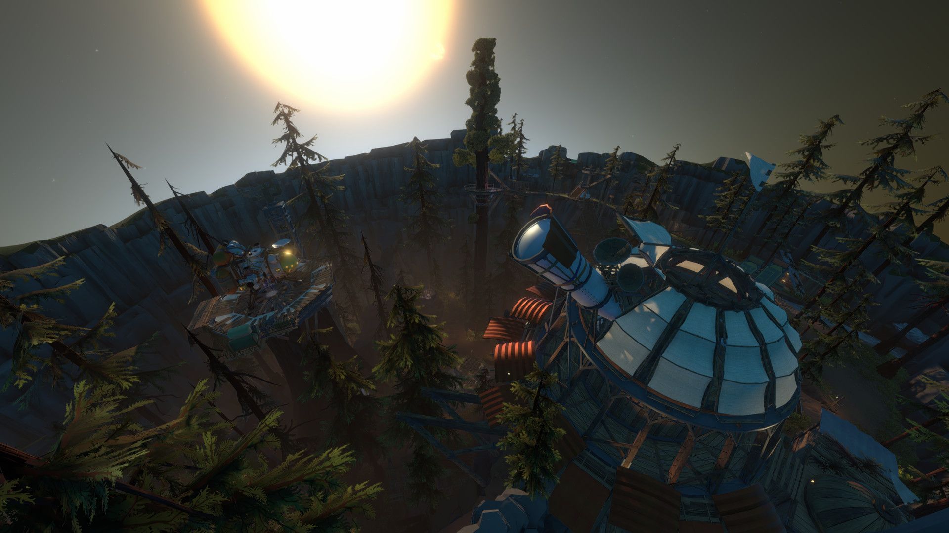 A wooded crater holds an observatory and other Hearthian structures beneath a bright sun.
