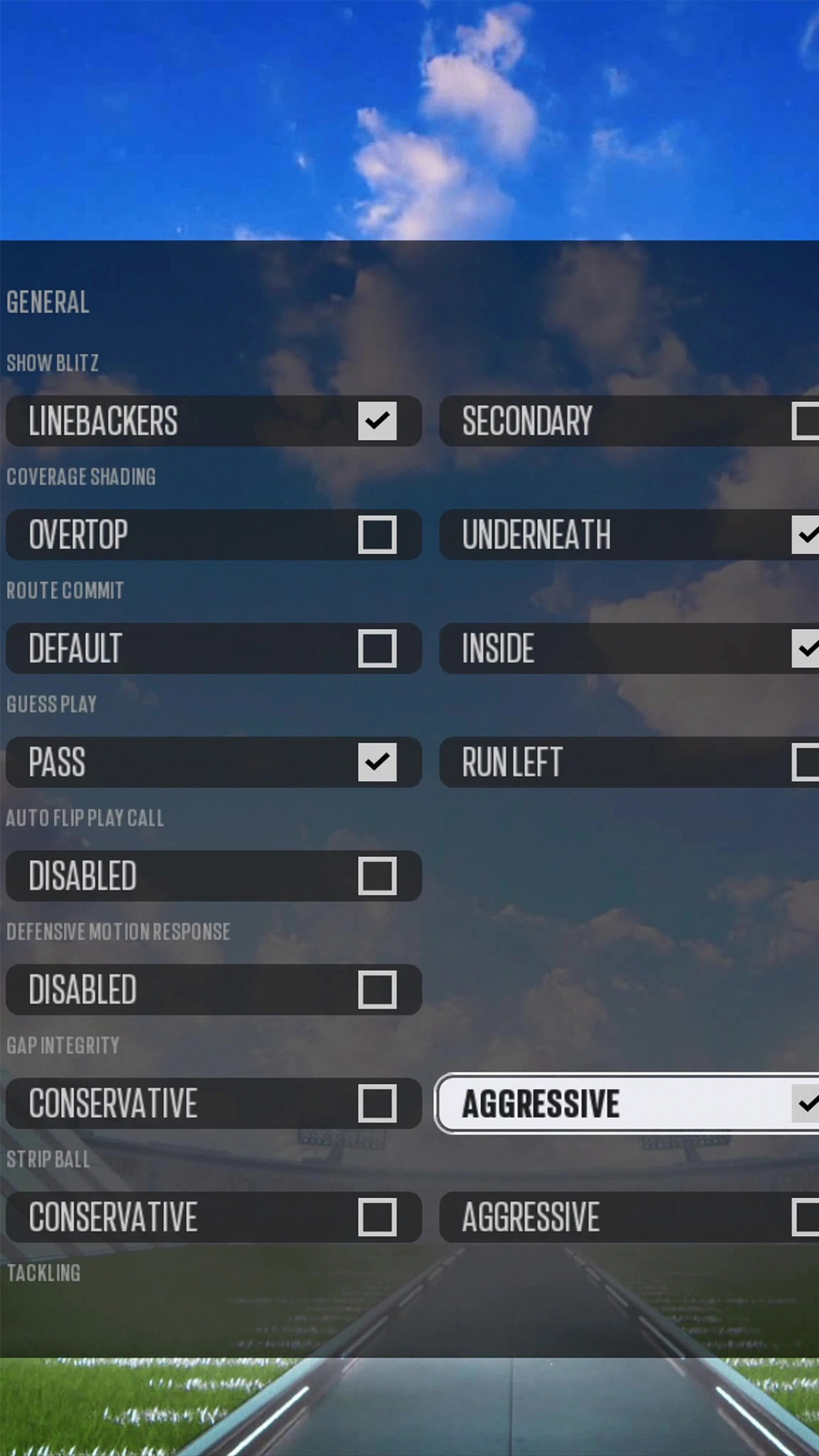 Madden NFL 27 defensive custom-adjustment menu showing coverage, play guess, gap integrity, strip ball, and tackling options.