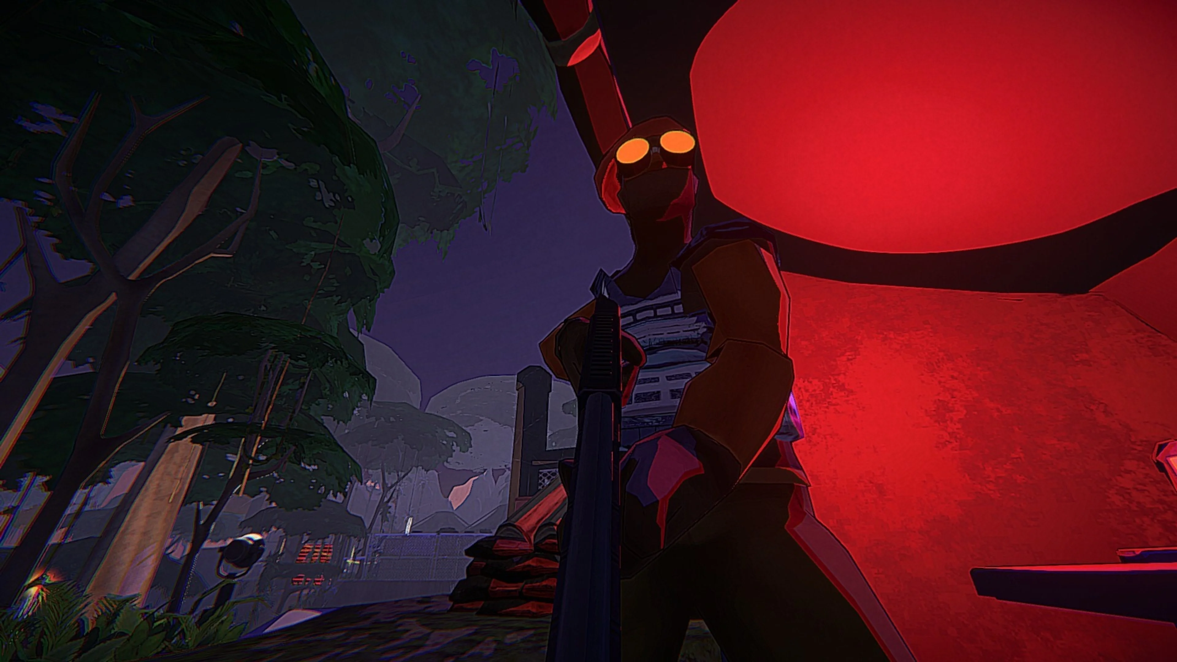A red-lit masked PDL soldier looms at close range on a tropical path during a Quitting Time mission.
