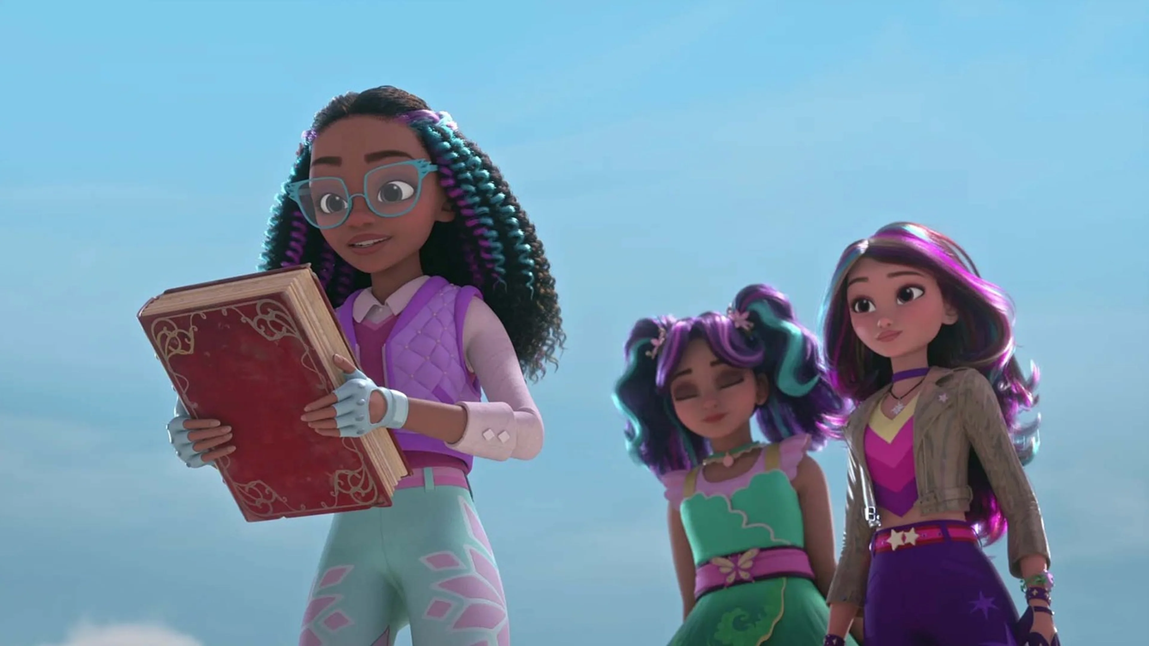 Layla carries a book while exploring with Ava and Sophia.