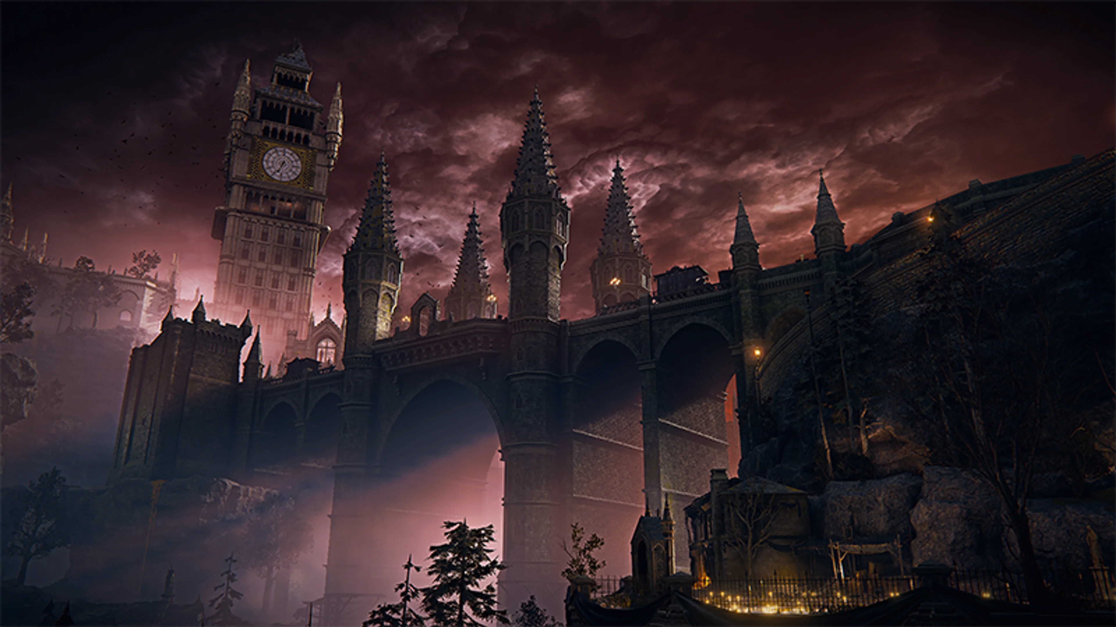 A gothic city and clock tower beneath a dark red sky in The Duskbloods.