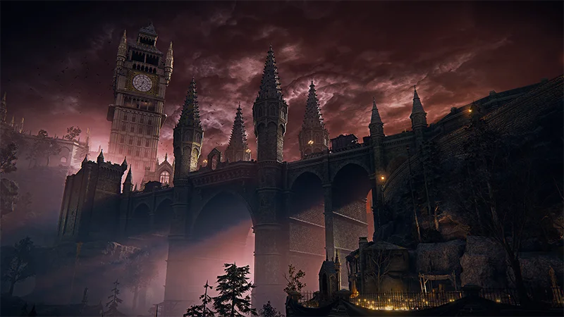 A gothic city and clock tower beneath a dark red sky in The Duskbloods.