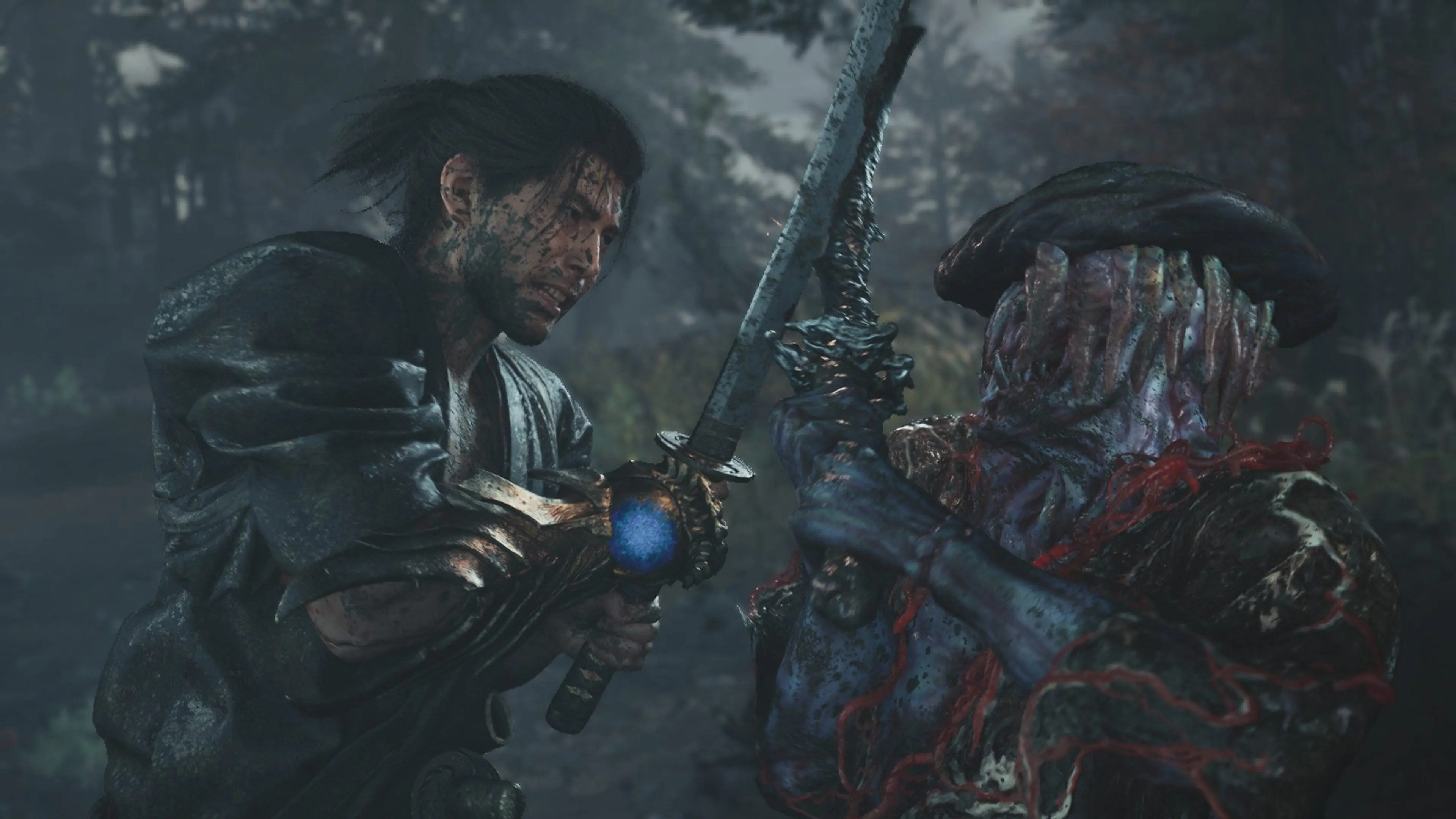 Miyamoto Musashi locks swords with a Genma during a rain-soaked battle in Onimusha: Way of the Sword.