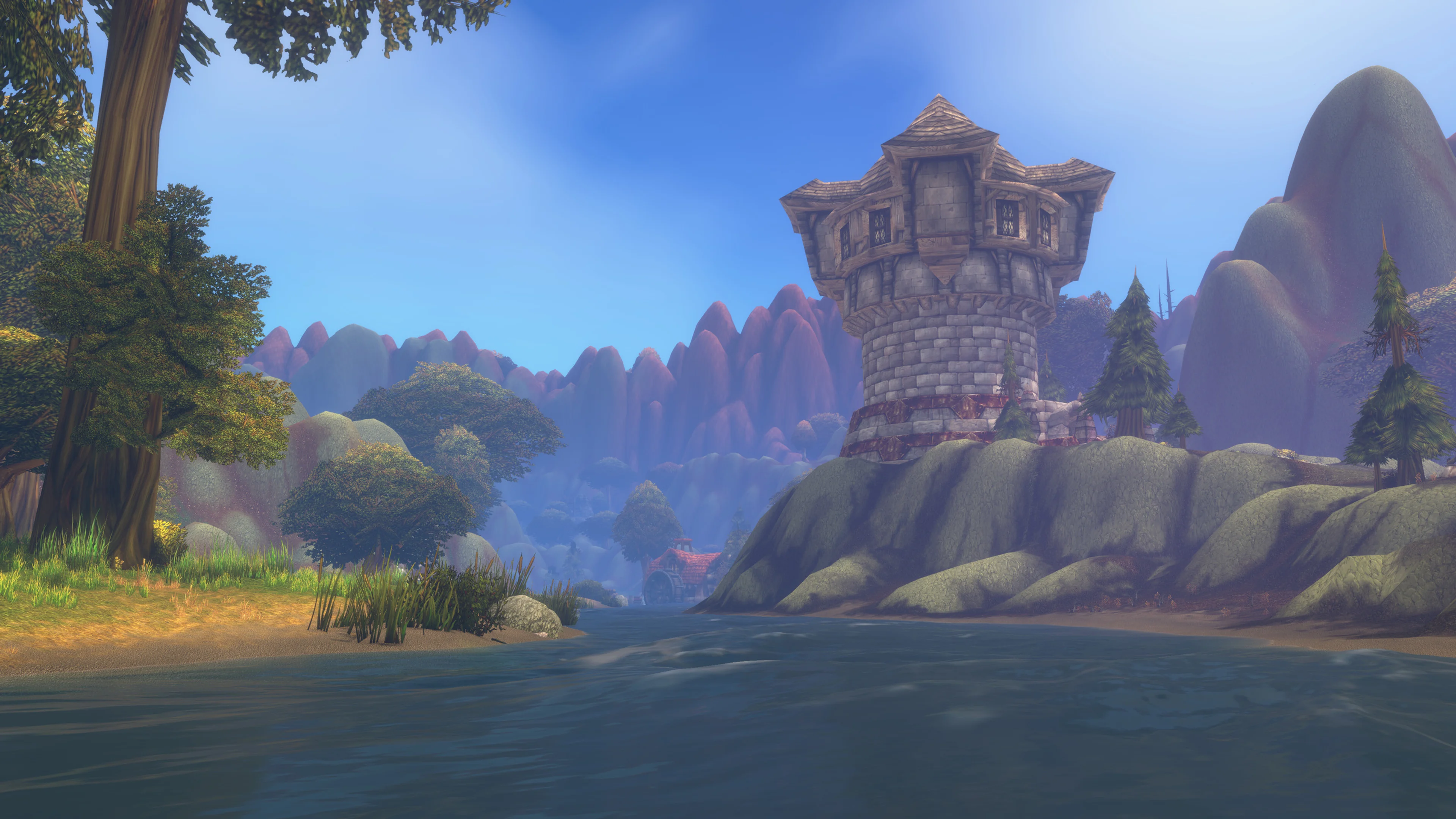 A stone tower rises beside the river and hills of Riverglades in World of Warcraft: Forever.