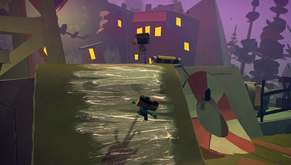 The messenger crosses a sloped paper path toward houses under a purple sky.