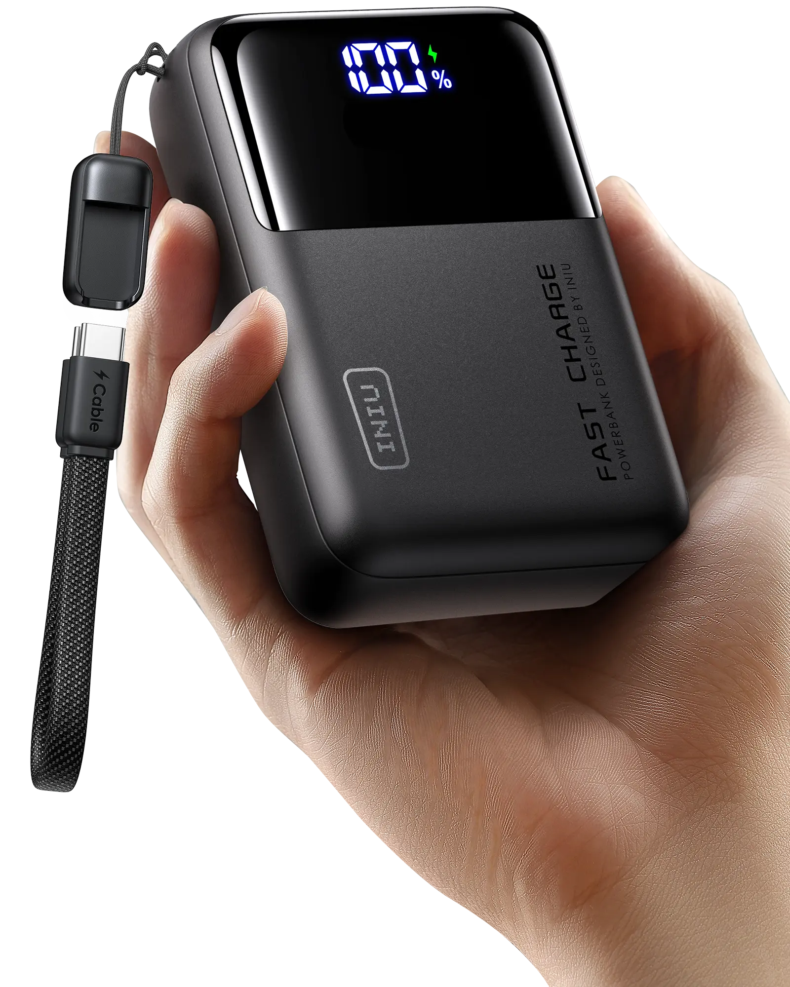 Compact INIU P63-E1 power bank held in a hand with its detachable USB-C loop cable