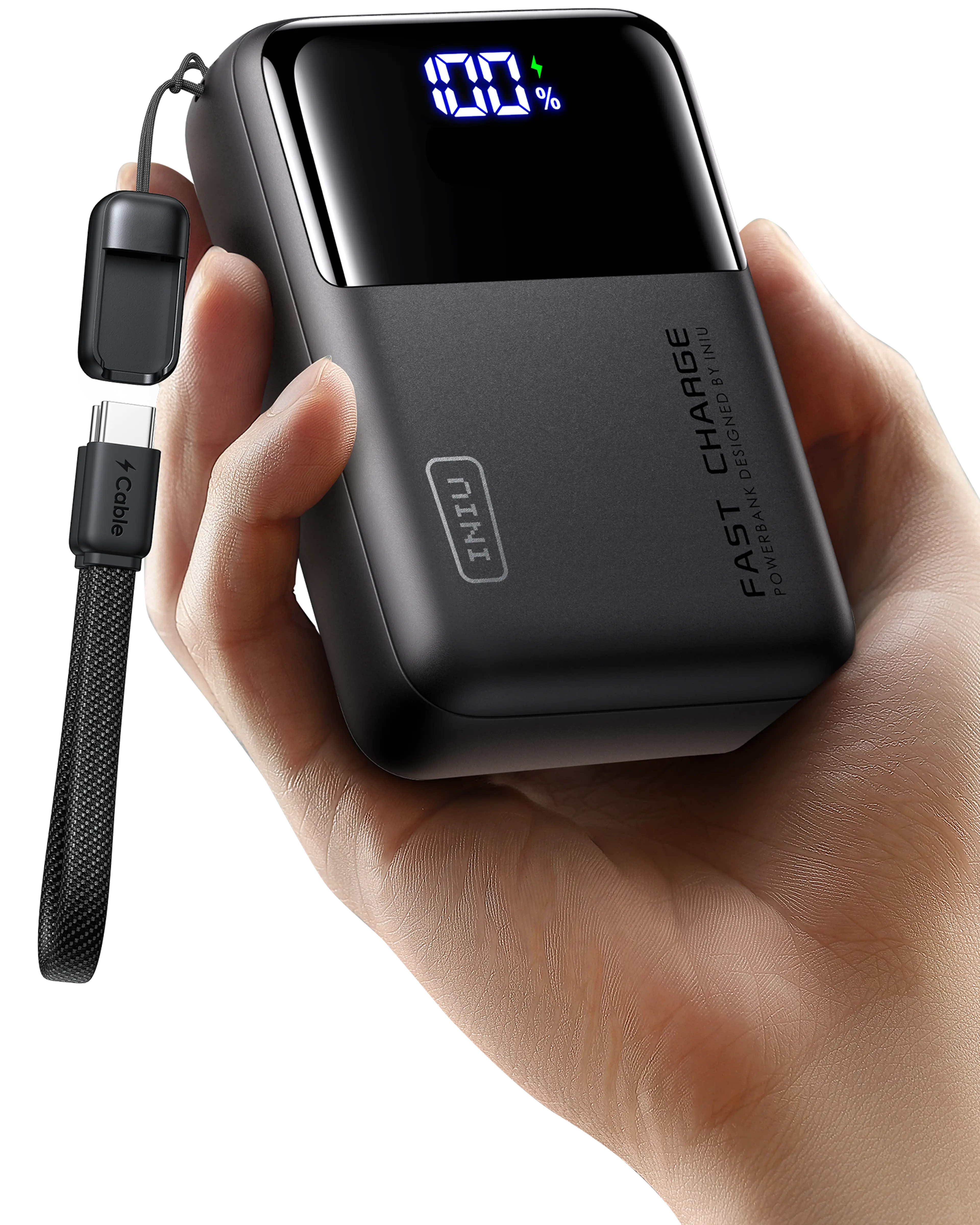 Compact INIU P63-E1 power bank held in a hand with its detachable USB-C loop cable