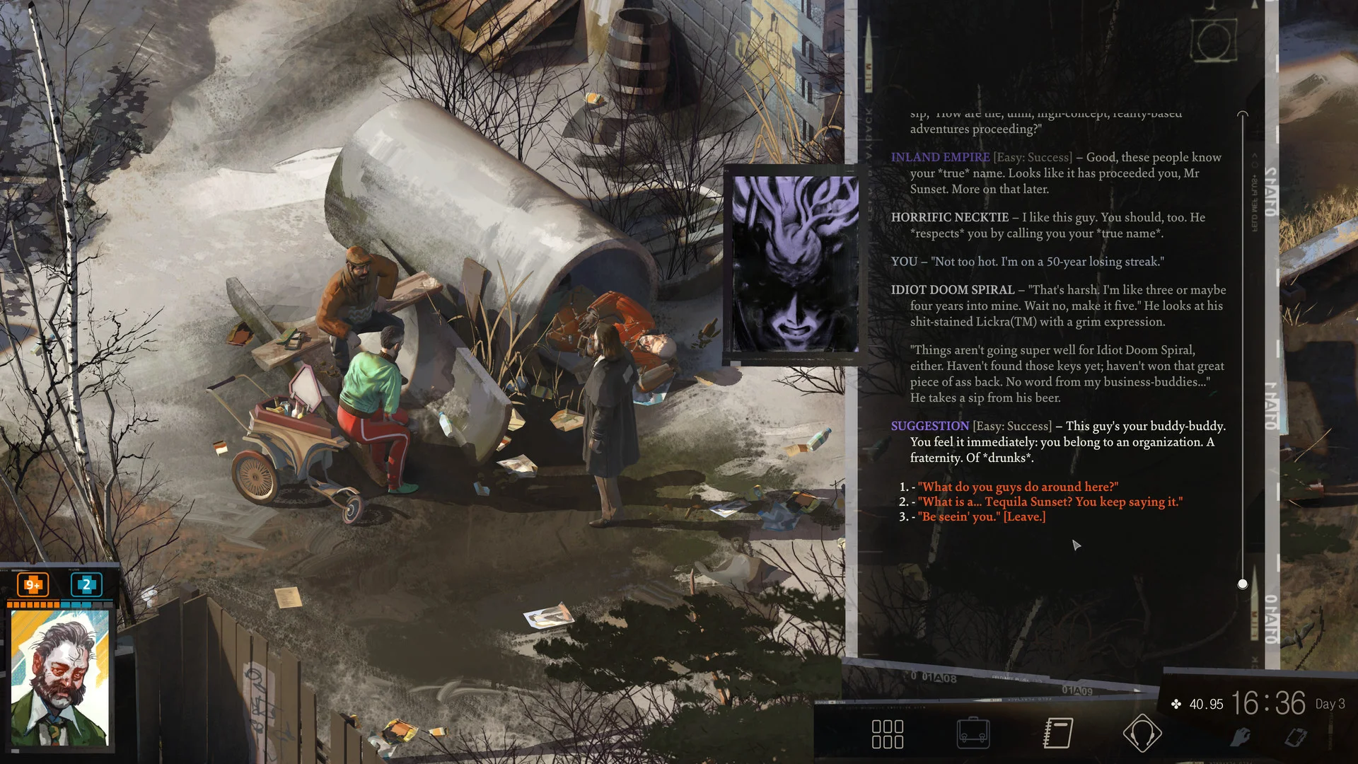 Official dialogue screenshot: the detective speaks with people beside a concrete pipe; the conversation panel on the right shows skill comments and numbered dialogue choices.