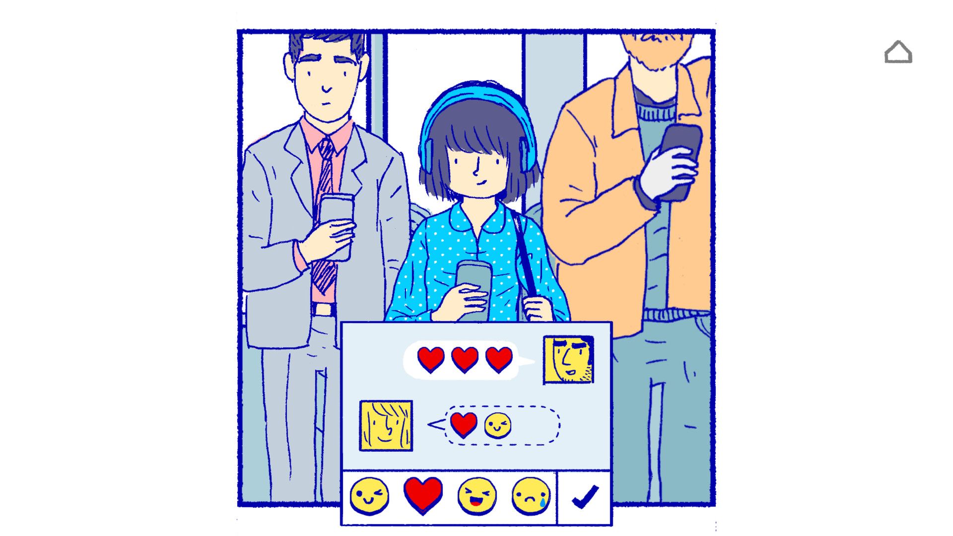 Florence wears headphones while interactive icons appear around her.