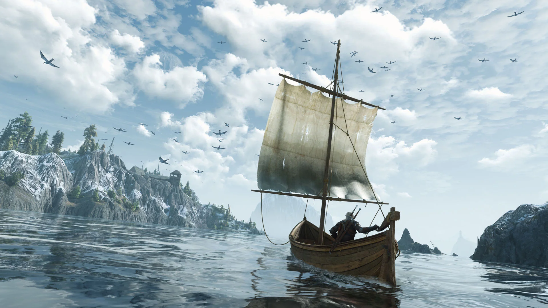 Geralt sails across a bright sea in The Witcher 3: Wild Hunt Remastered artwork.
