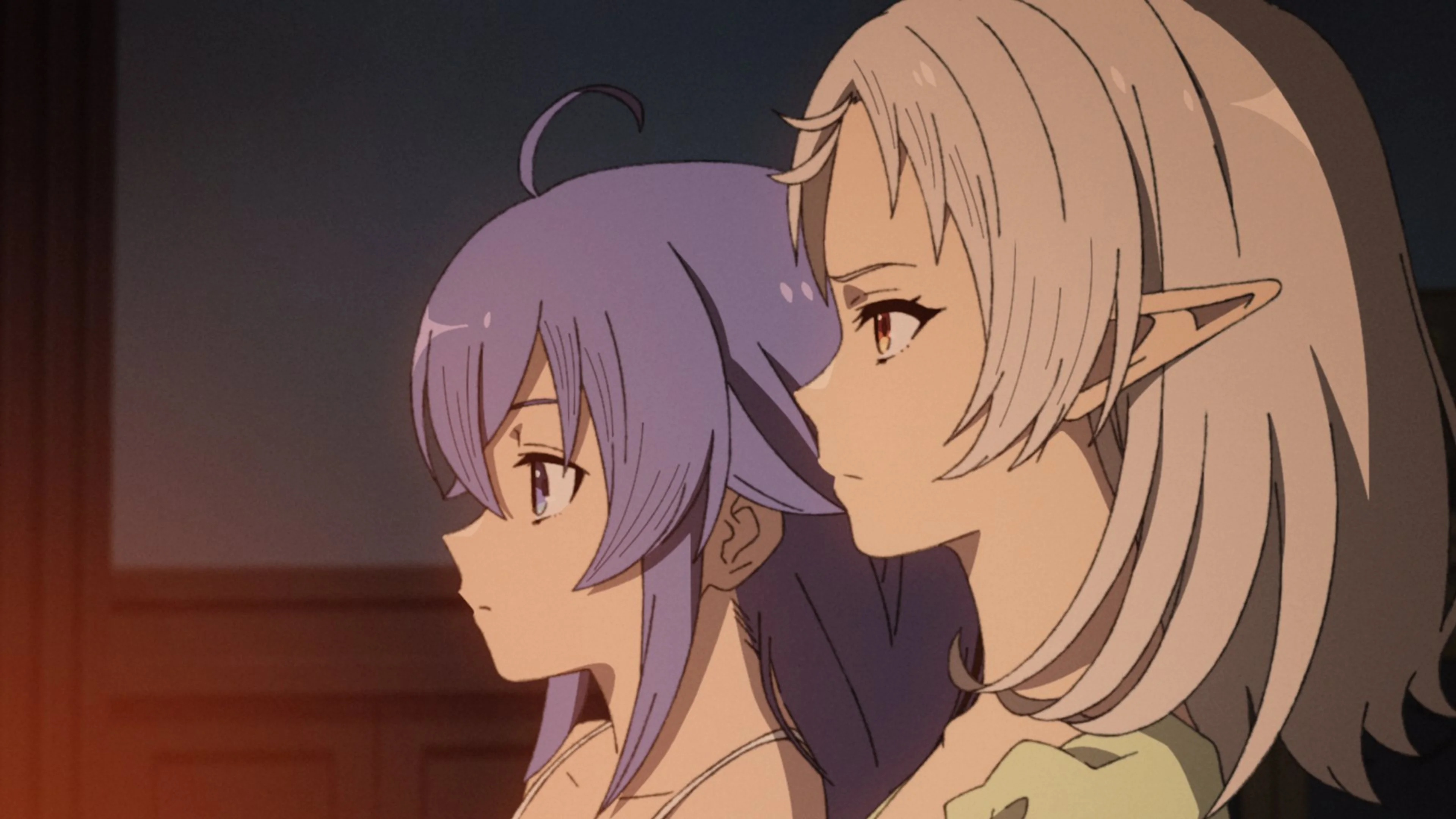 Sylphiette and Roxy listen in a scene from Mushoku Tensei season 3 episode 14.