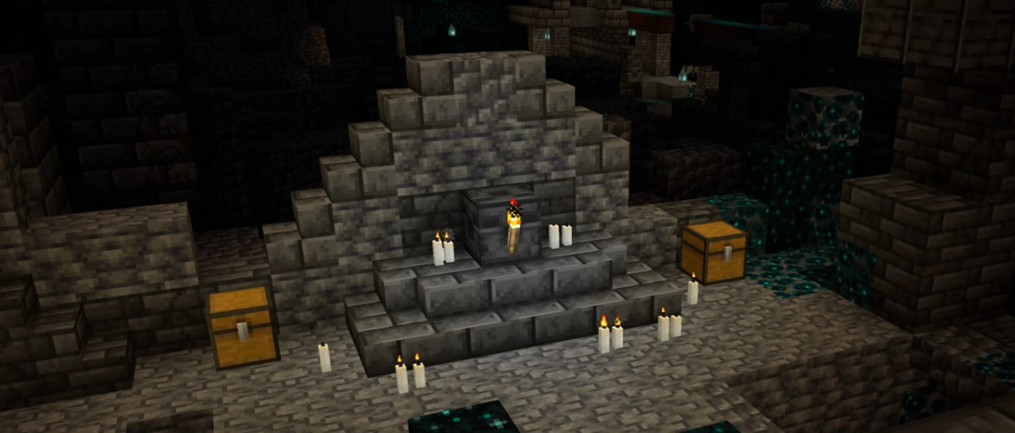 An echo shard displayed in the deep dark area of Minecraft.
