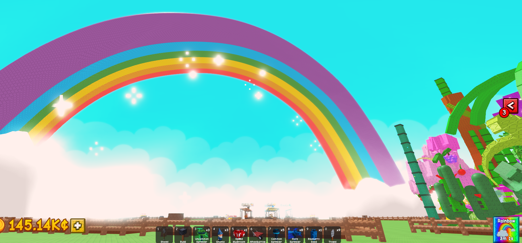Rainbow weather covering a Grow a Garden 2 server and its garden plots.