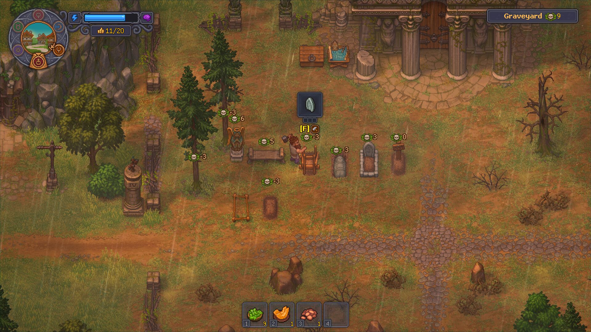The keeper stands near gravestones and trees in Graveyard Keeper 2.