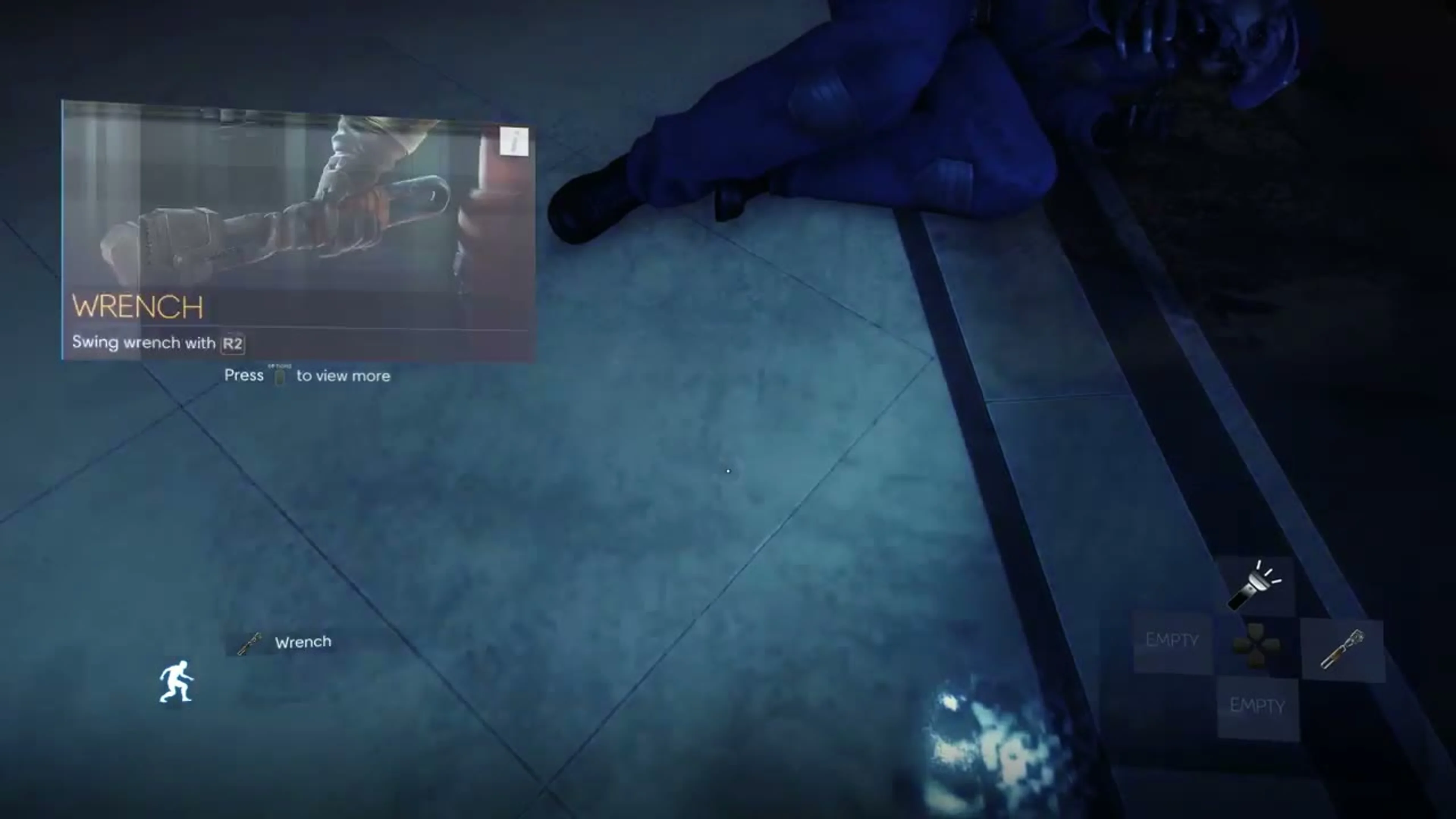 Wrench tutorial card showing the R2 swing prompt on PlayStation.