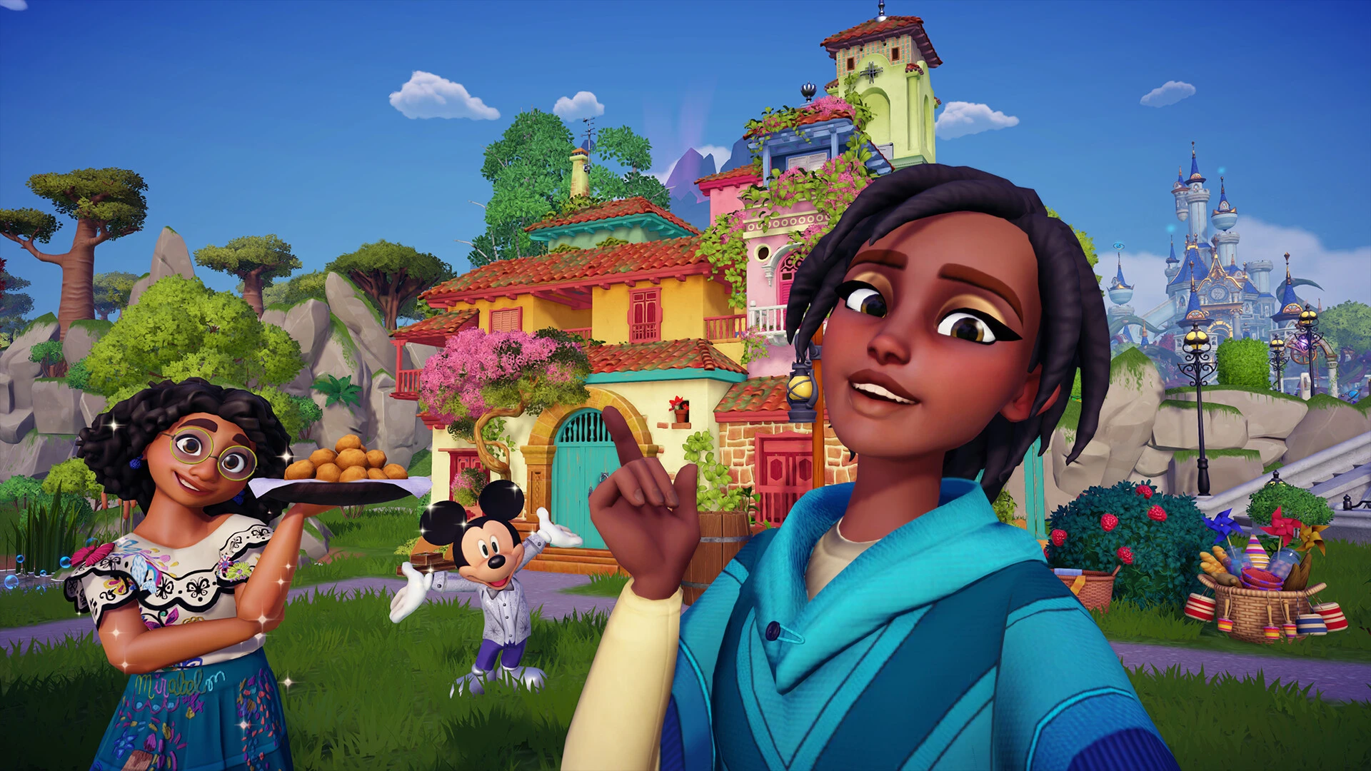 A player taking a photograph with Disney characters in Dreamlight Valley.