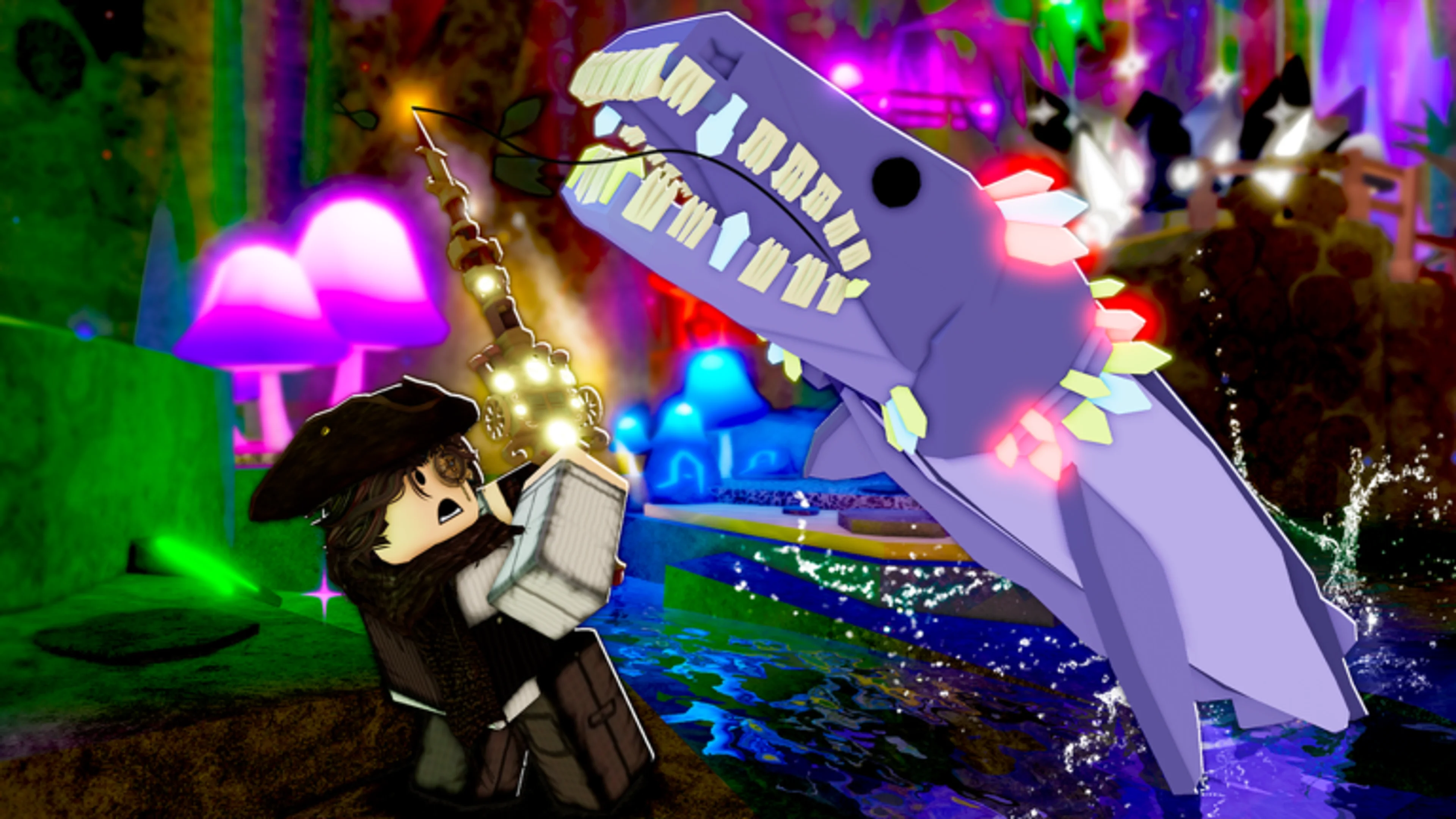 A Fisch player reeling a large purple fish