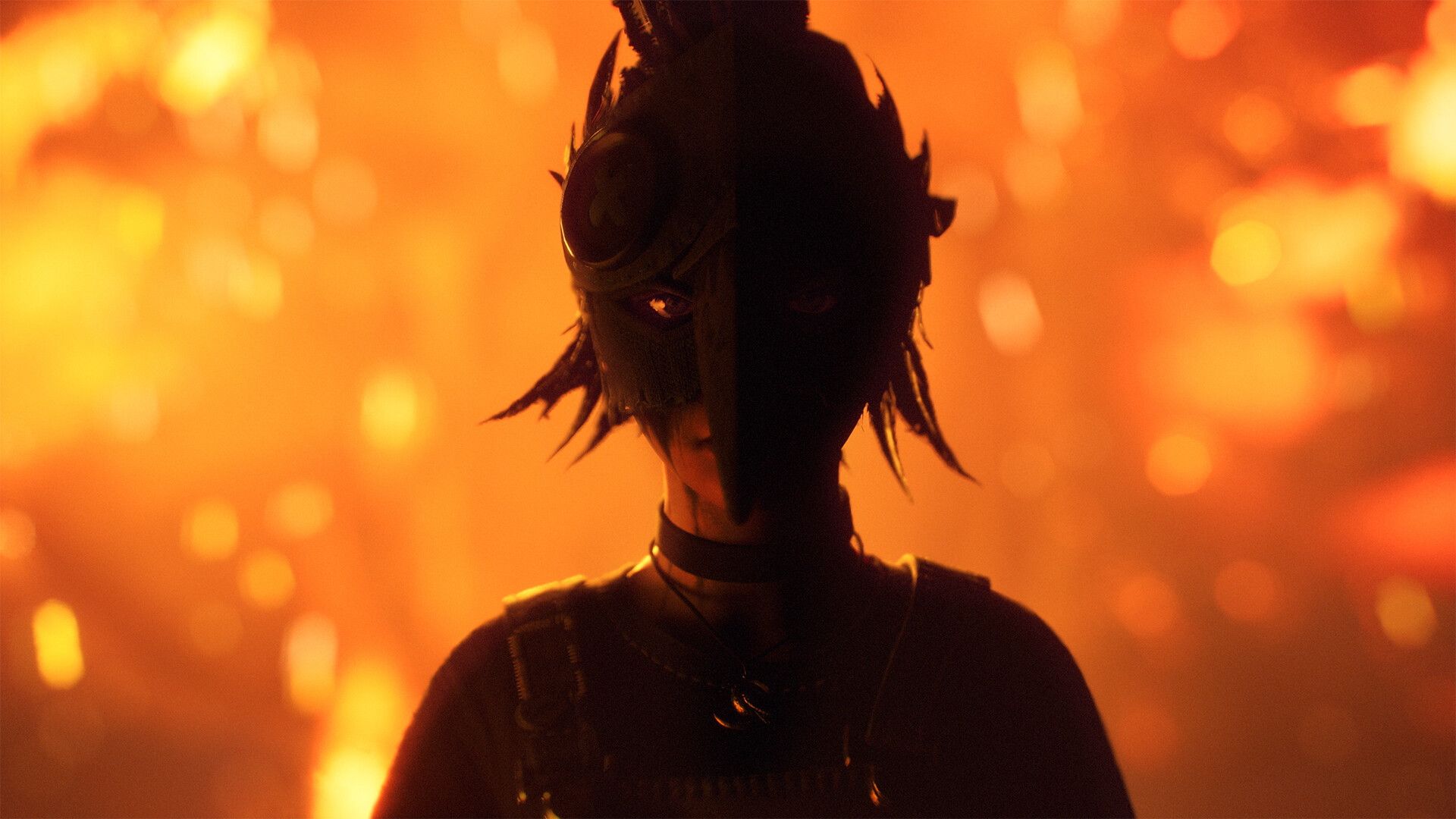 A masked figure stands before flames in Lost Records: Bloom & Rage.