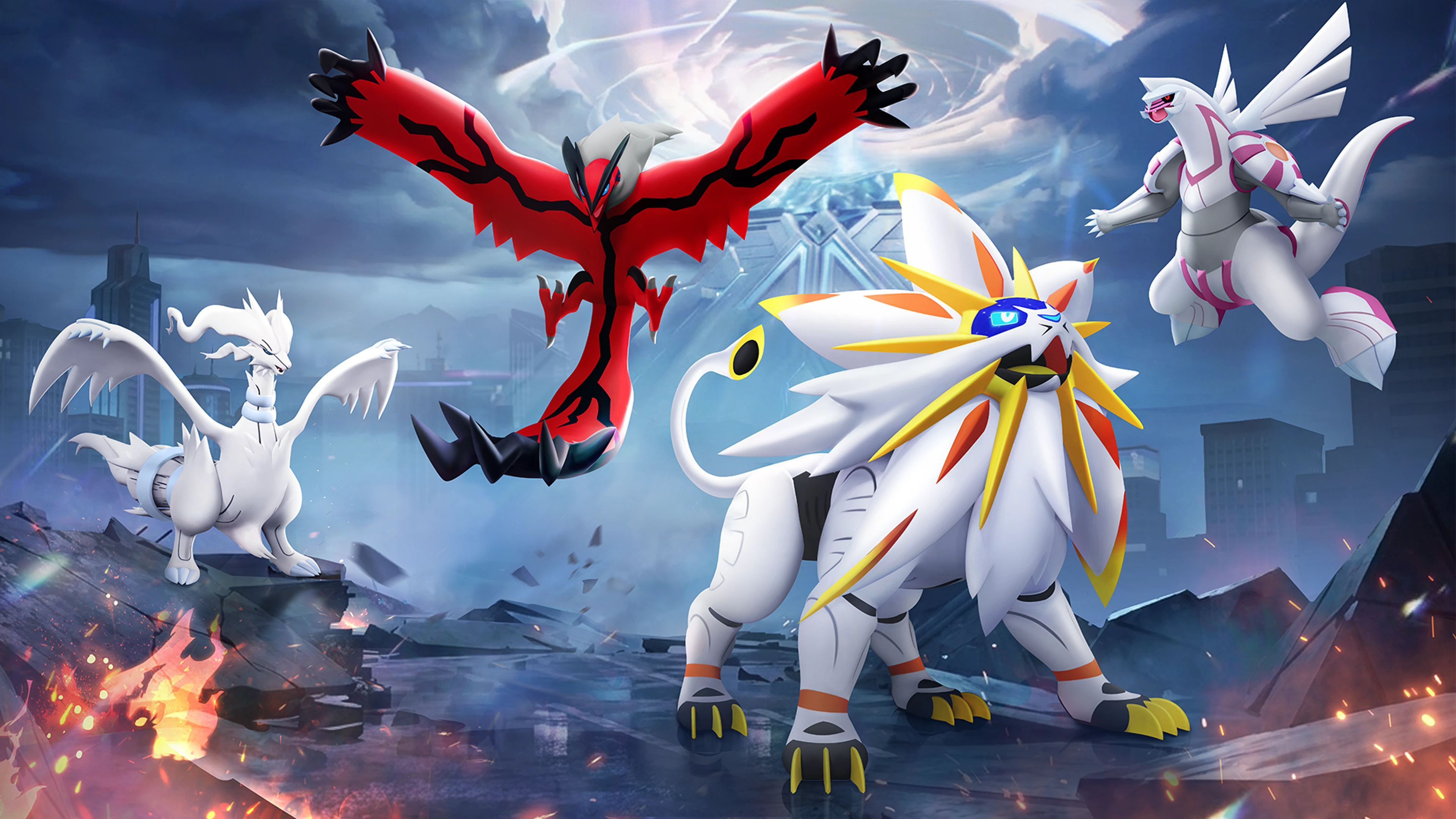 Reshiram, Yveltal, Solgaleo, and Palkia gather in a glowing Pokémon UNITE arena.