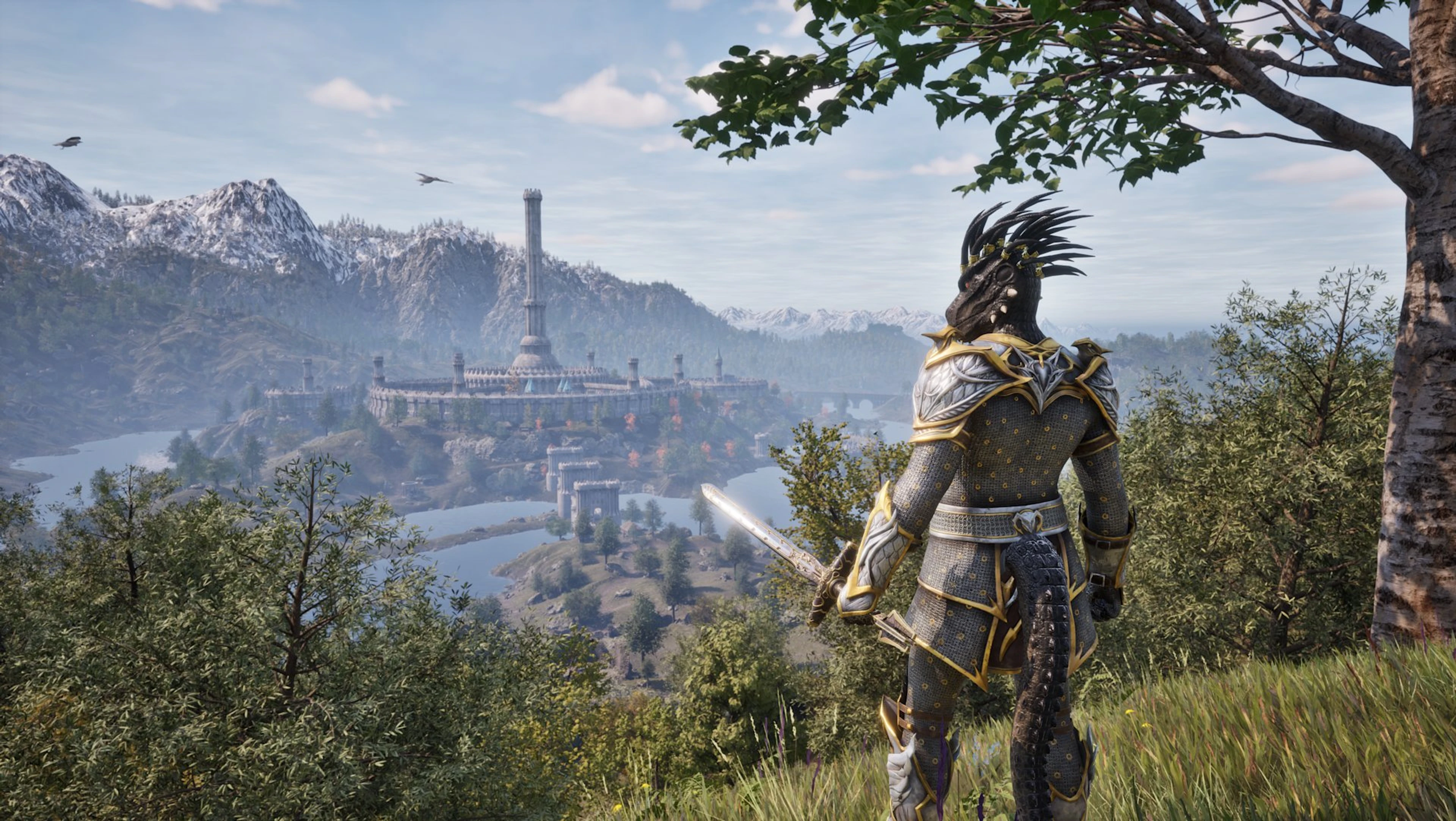 An armored Argonian looks toward the Imperial City across the hills of Cyrodiil.
