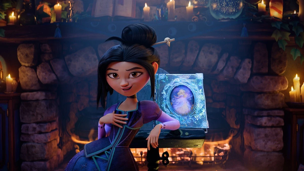 Lilith sits near a fireplace and a glowing storybook in Netflix’s animated film Steps.