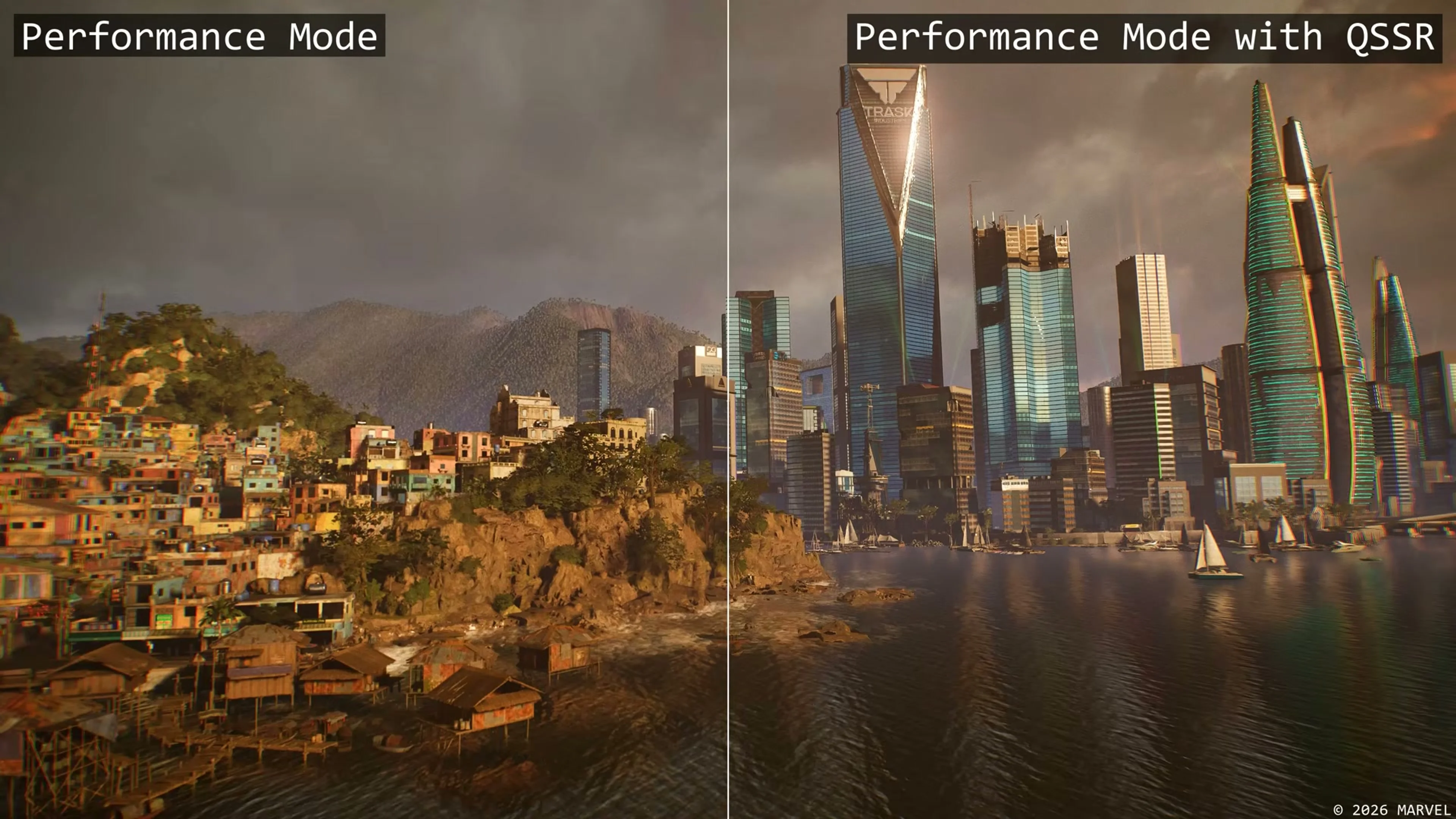 Wolverine’s waterfront skyline compared in Performance Mode with and without QSSR