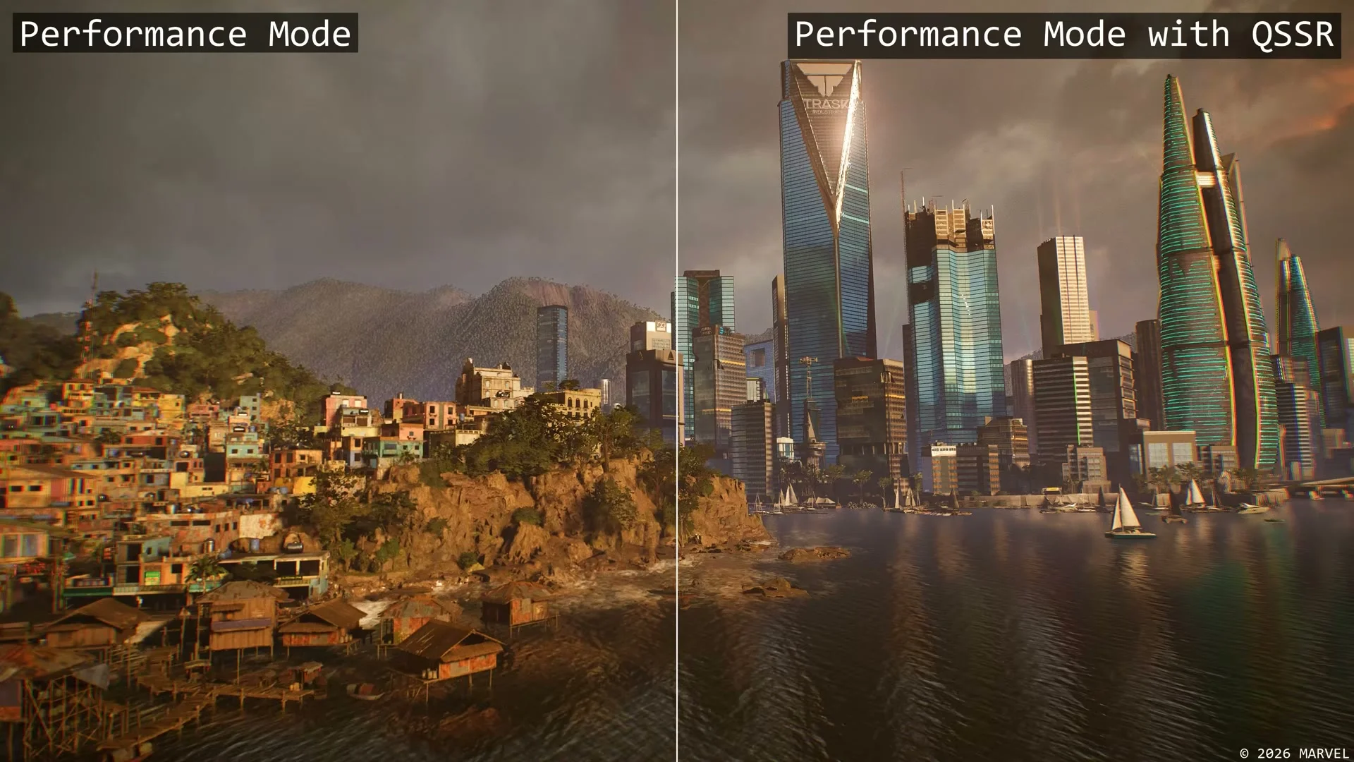 Wolverine’s waterfront skyline compared in Performance Mode with and without QSSR