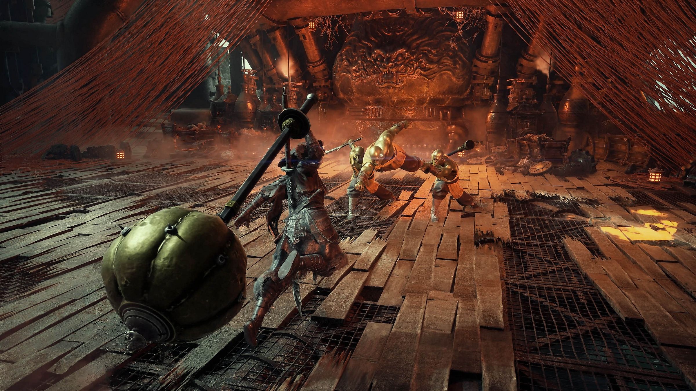 Soul swings a large hammer-like Phantom Edge while three enemies attack inside a red-lit hall in Phantom Blade Zero.