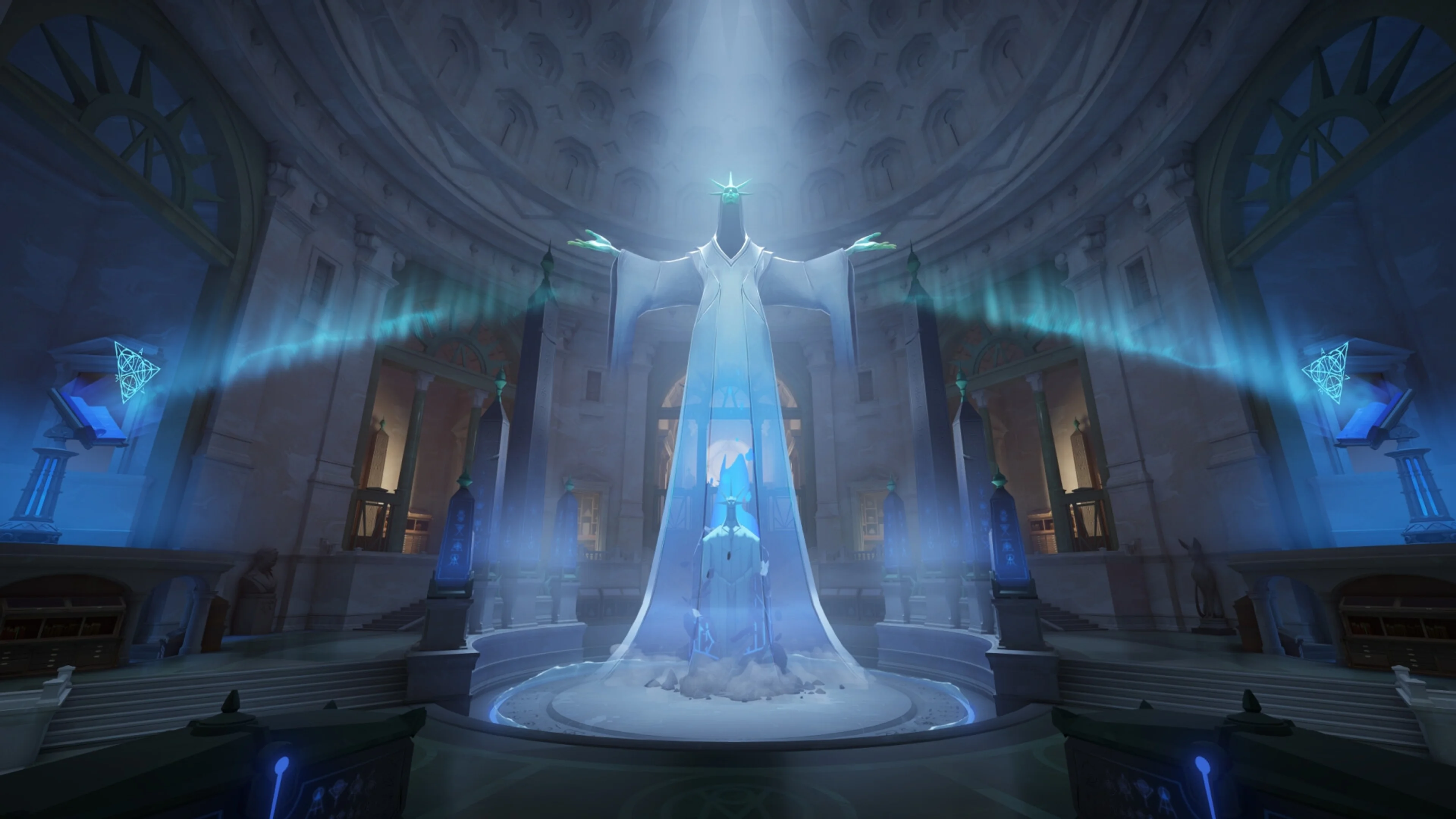 A glowing blue Patron stands above a bright city battlefield in Deadlock.