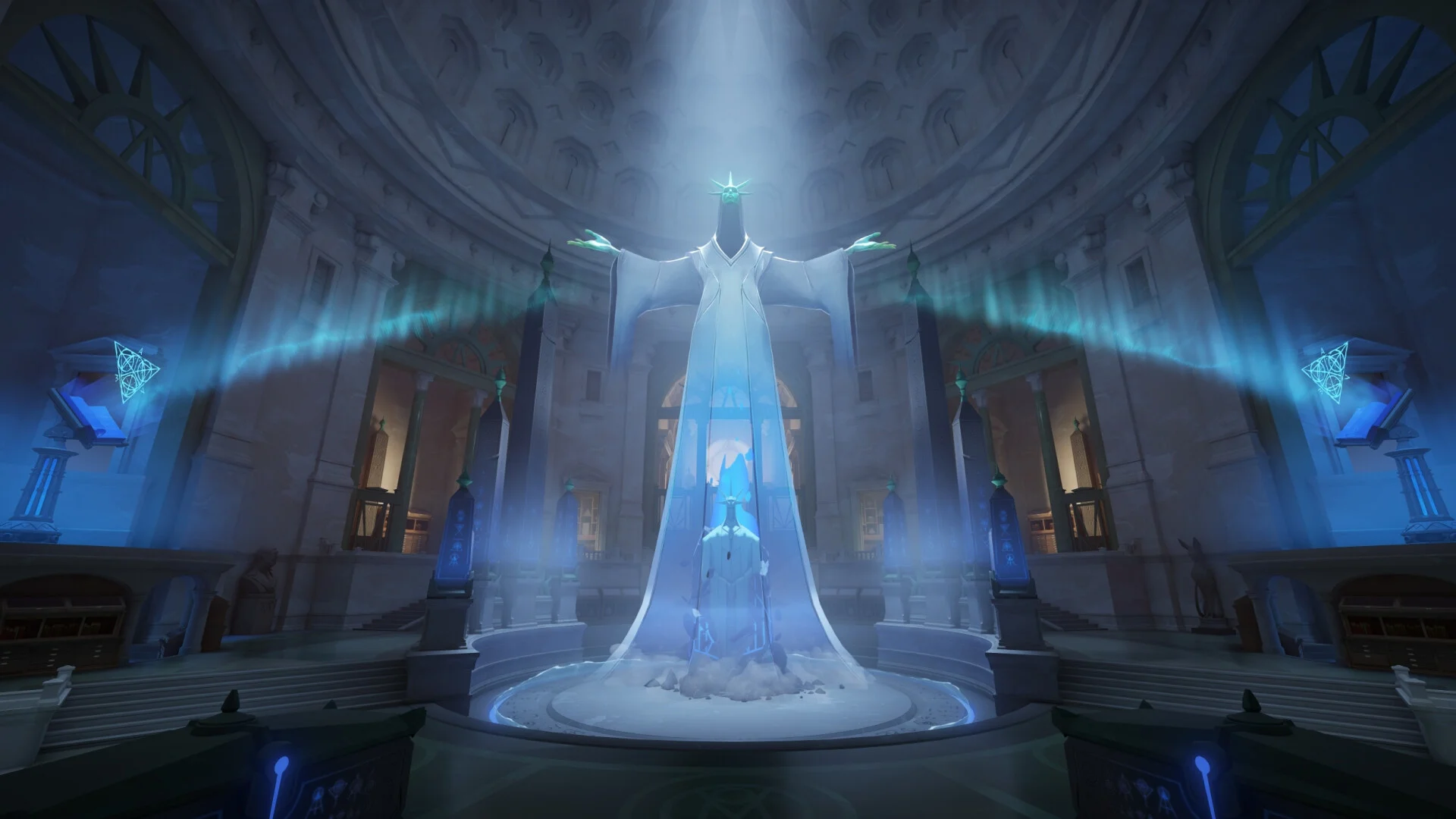 A glowing blue Patron stands above a bright city battlefield in Deadlock.