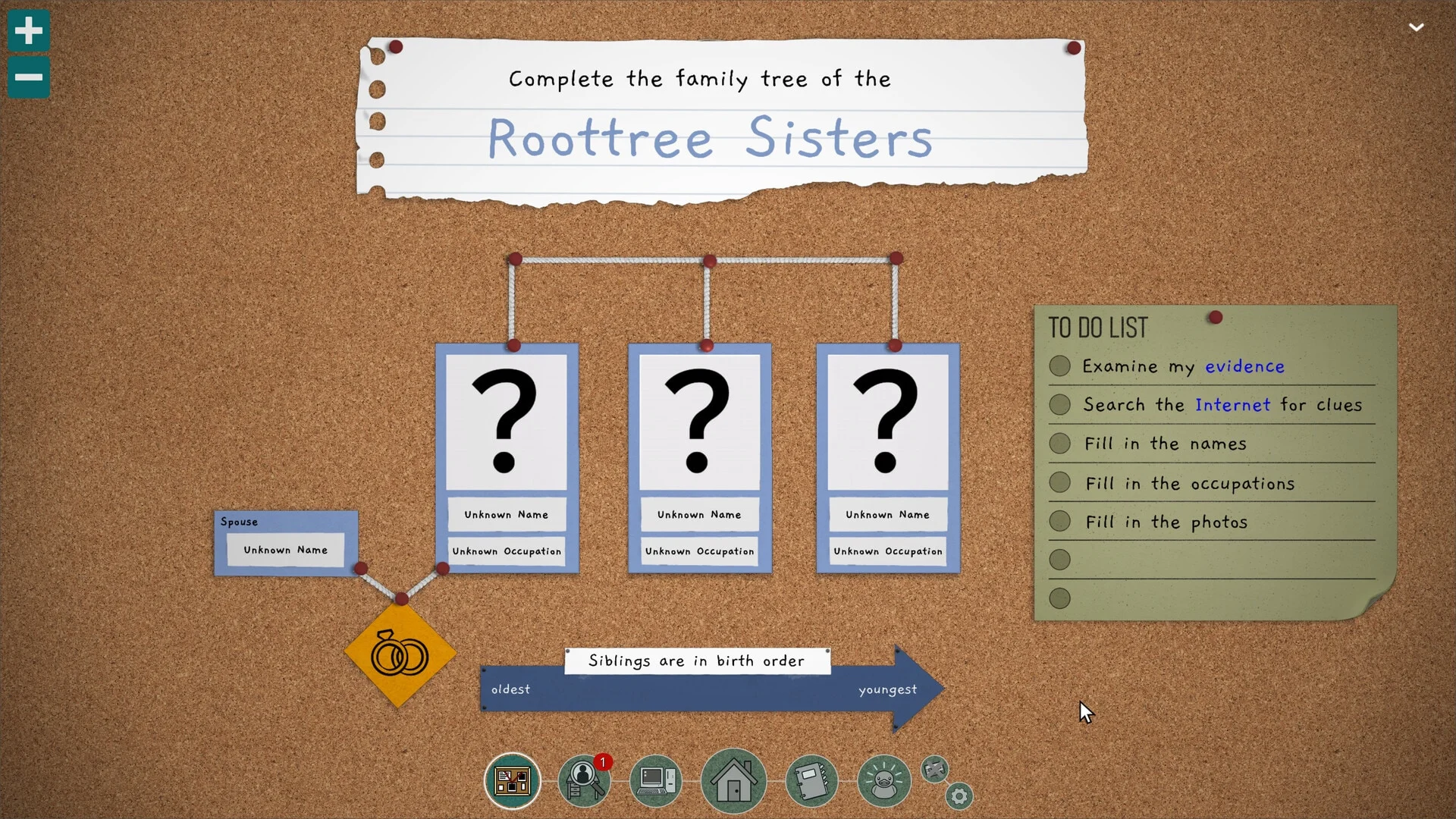 An incomplete family tree for the Roottree Sisters fills the investigation board.